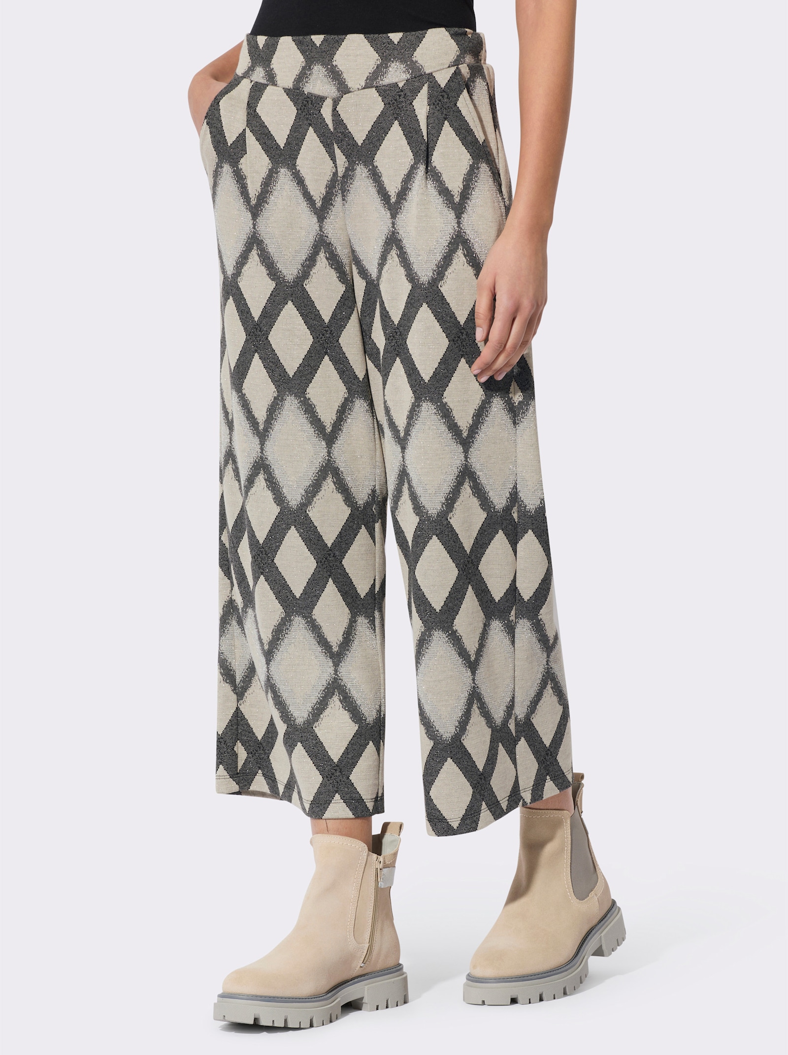 Comfortbroek met jacquardruiten - zand/antraciet gedessineerd