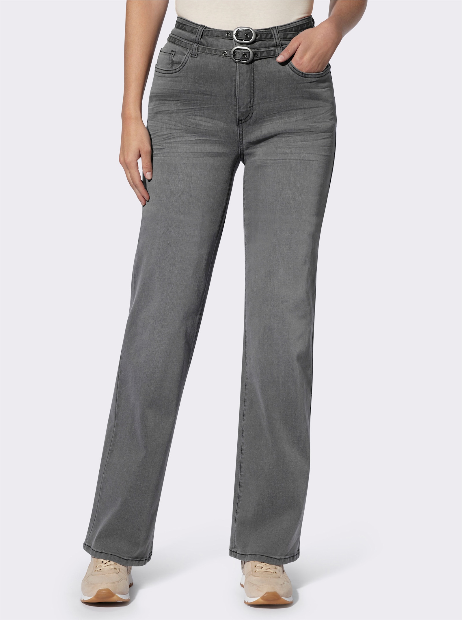 heine 5-Pocket-Hose inklusive Denim-Gürtel - stone-grey-denim