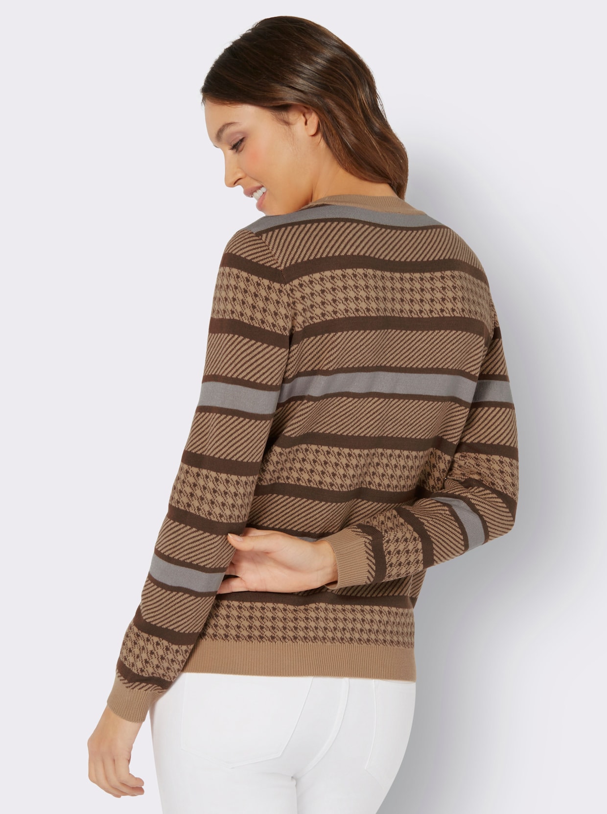 Pullover met ronde hals - camel/choco gedessineerd