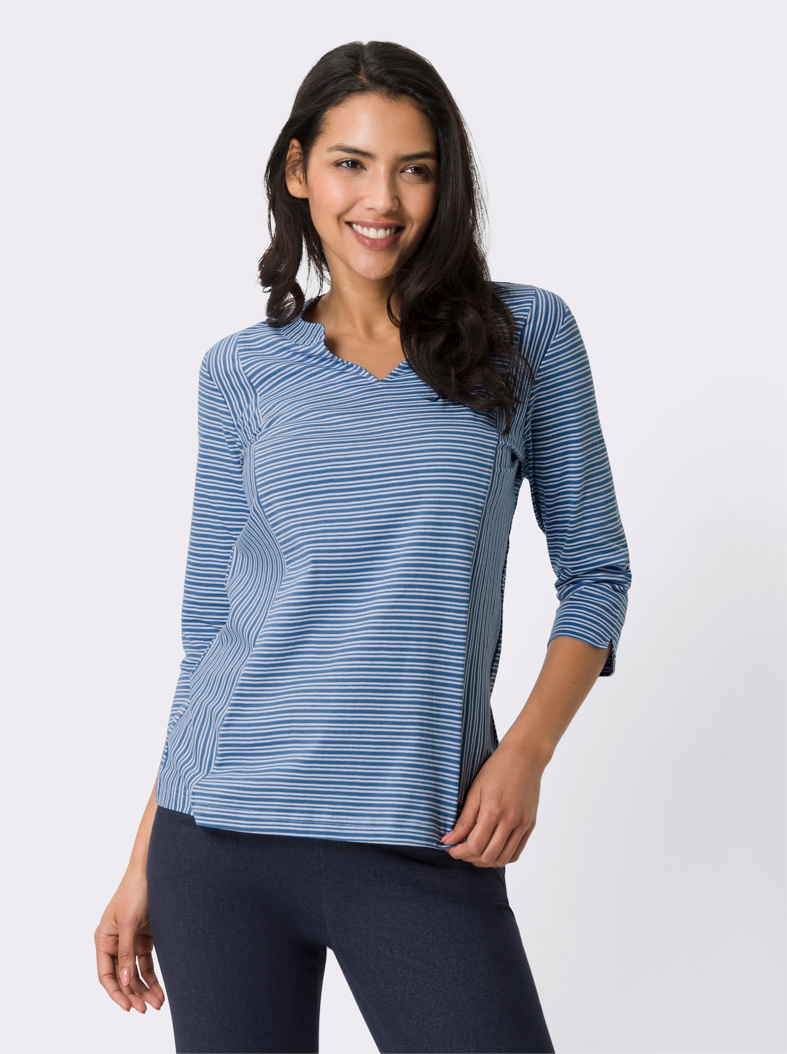 3/4-Arm-Shirt mit Ringel-Muster, garngefärbt - mittelblau-weiß-gestreift
