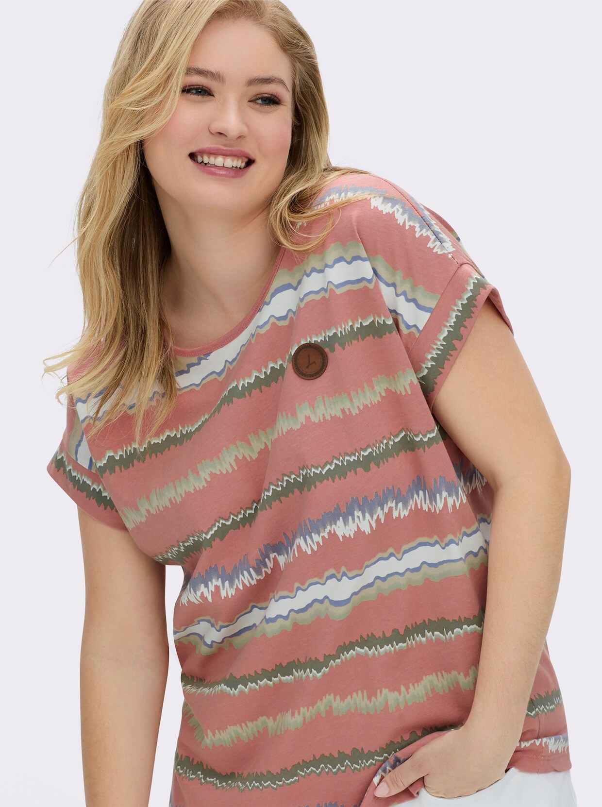 Print-Shirt mit Ziernähten, geringelt - rosenholz-ecru-bedruckt