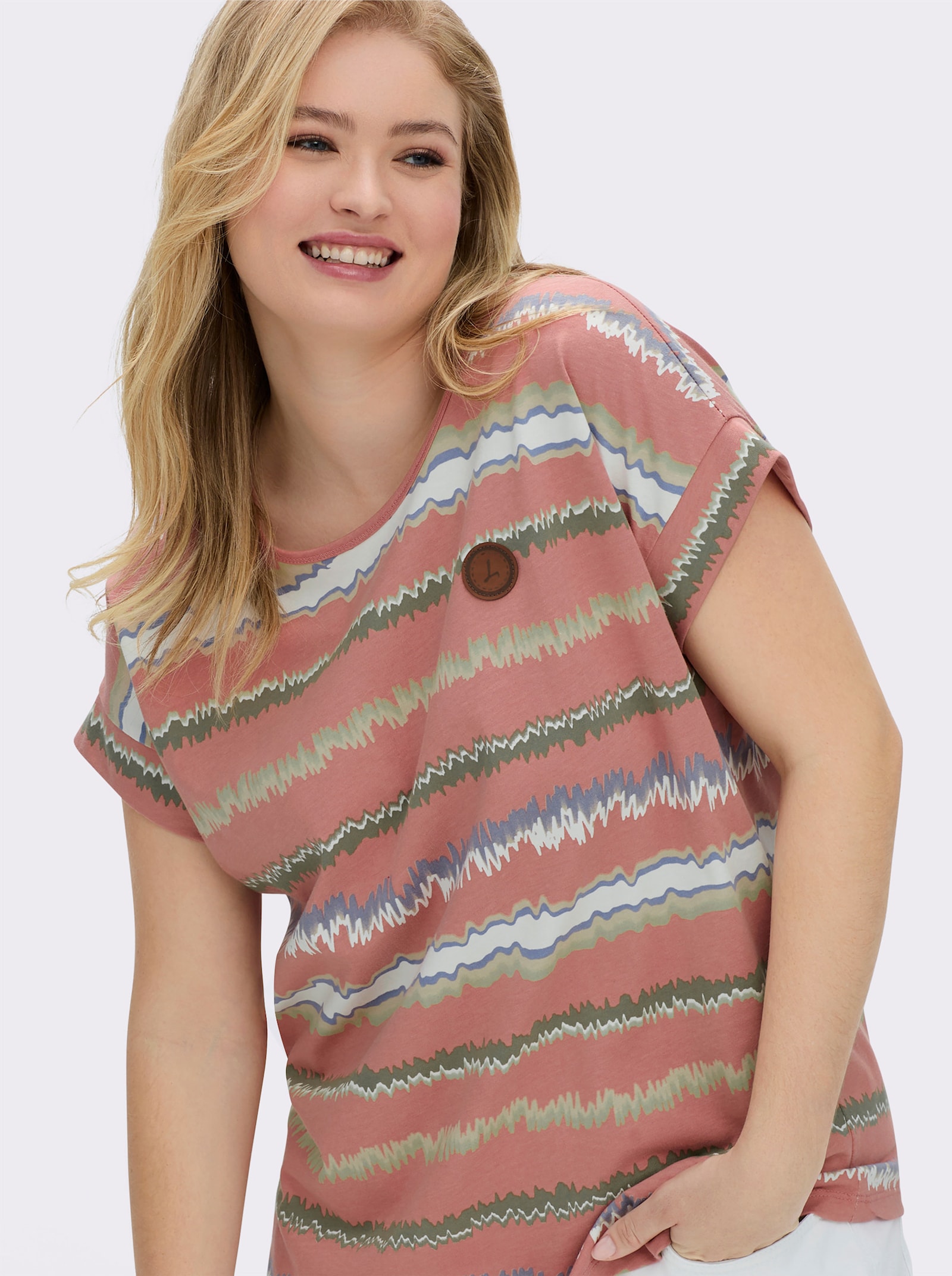 Print-Shirt mit Ziernähten, geringelt - rosenholz-ecru-bedruckt