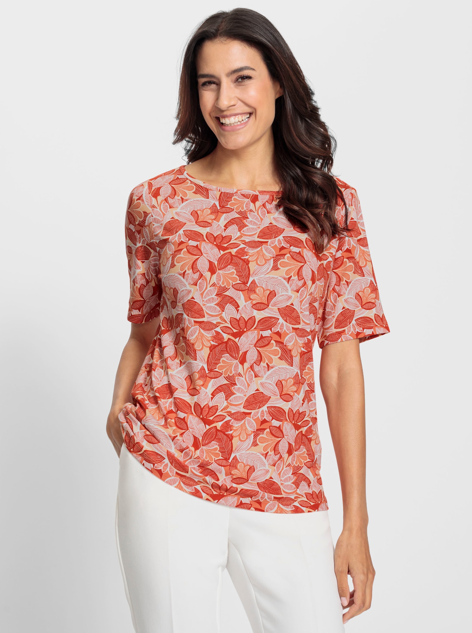 Print-Shirt mit paspeliertem U-Boot-Ausschnitt - papaya-apricot-bedruckt
