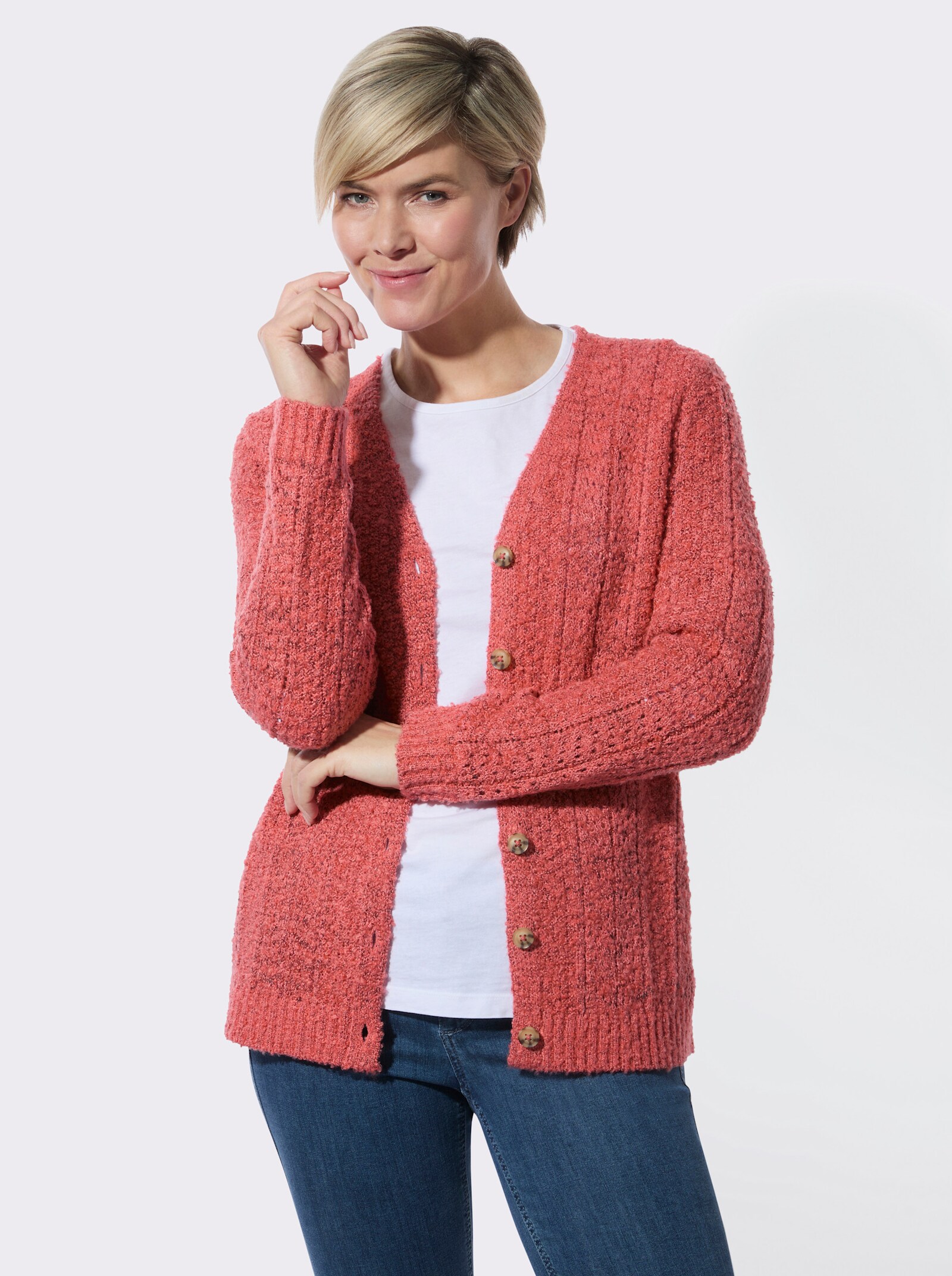 Strickjacke mit Bouclé-Struktur - grapefruit-meliert