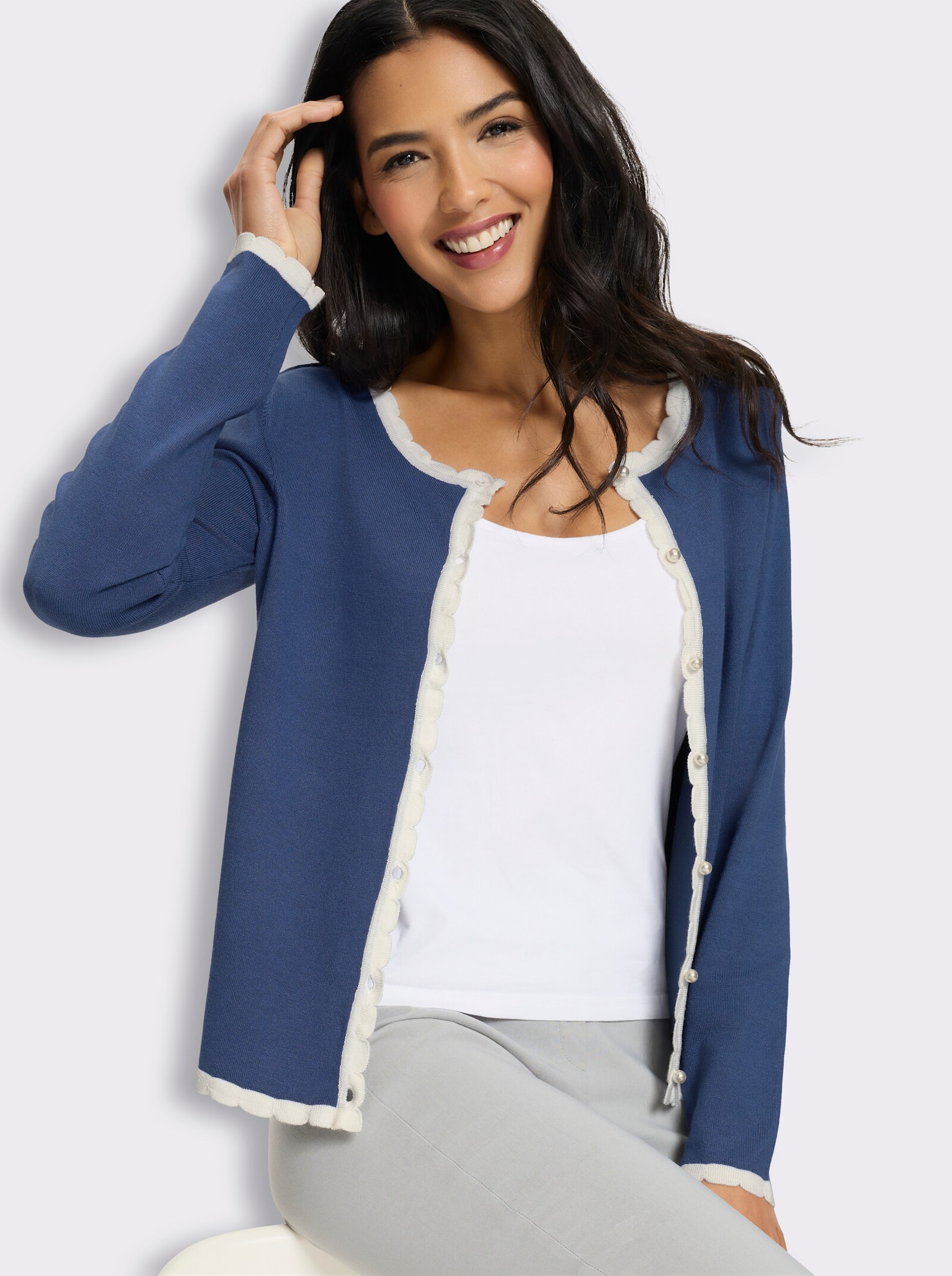 Cardigan mit Kontrast-Details - jeansblau-ecru