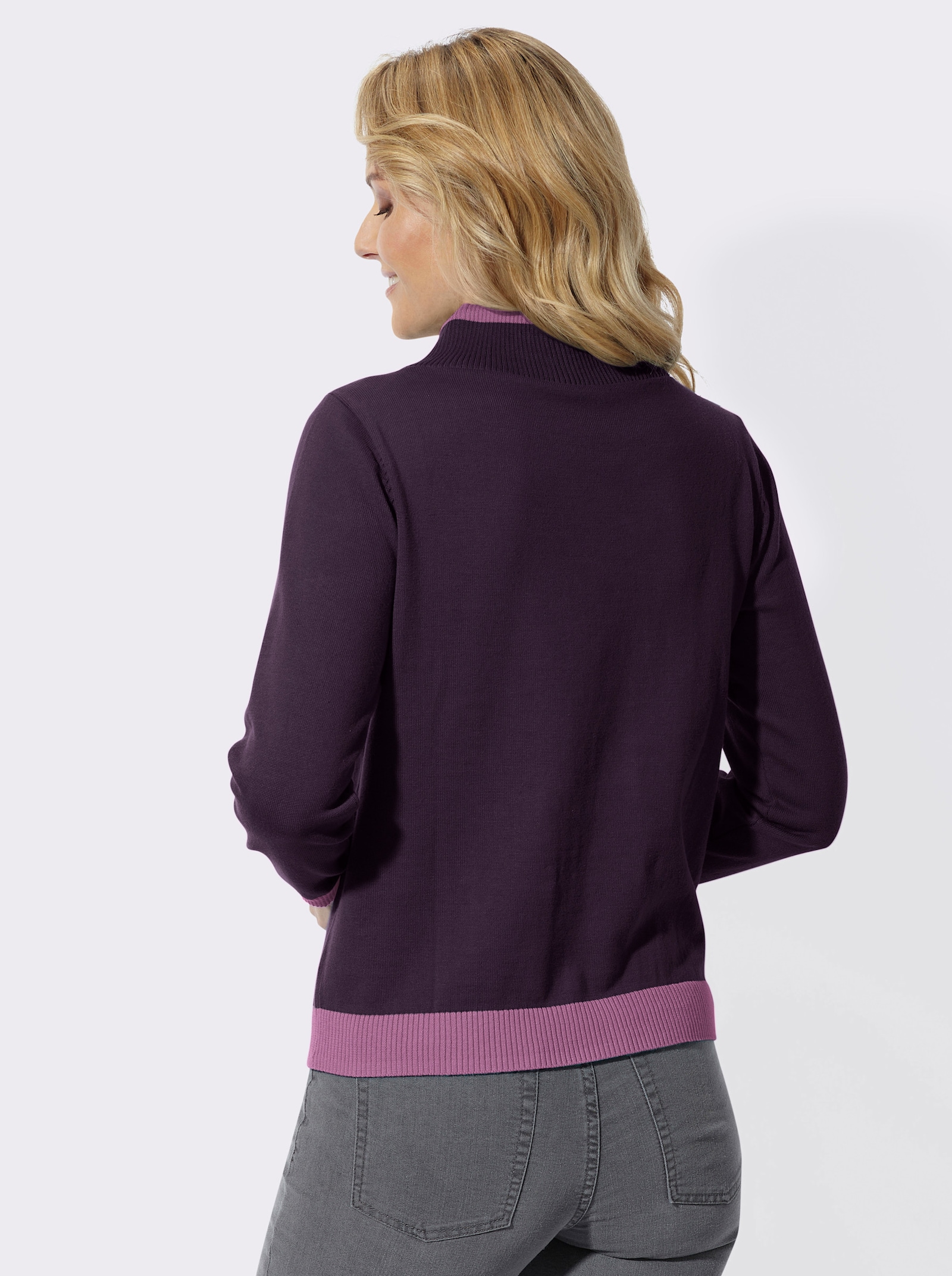 Langarm-Pullover mit kontrastfarbigen Bündchen - aubergine-violett