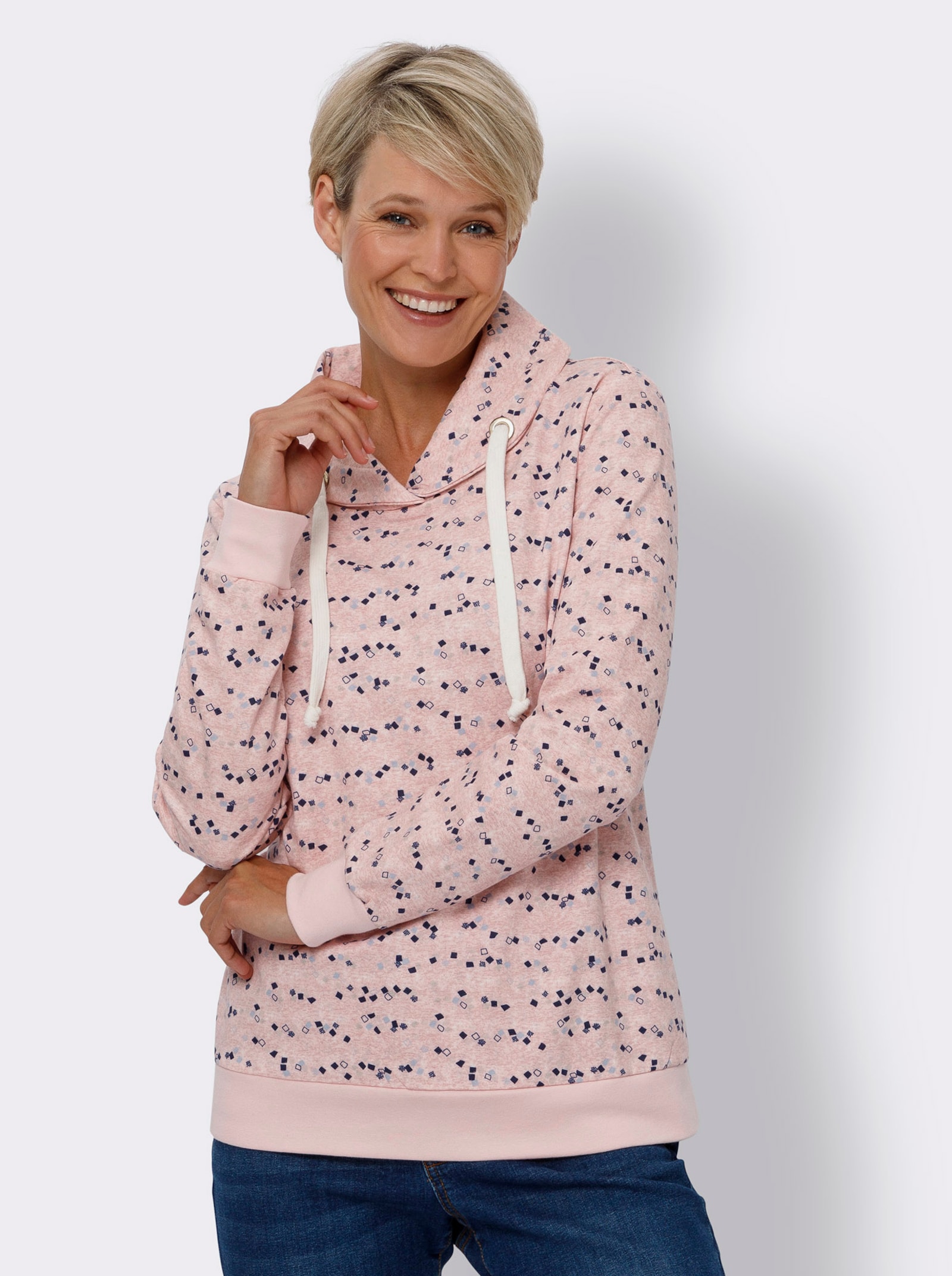 Sweatshirt mit überlappendem Rollkragen - rosenquarz-marine-bedruckt