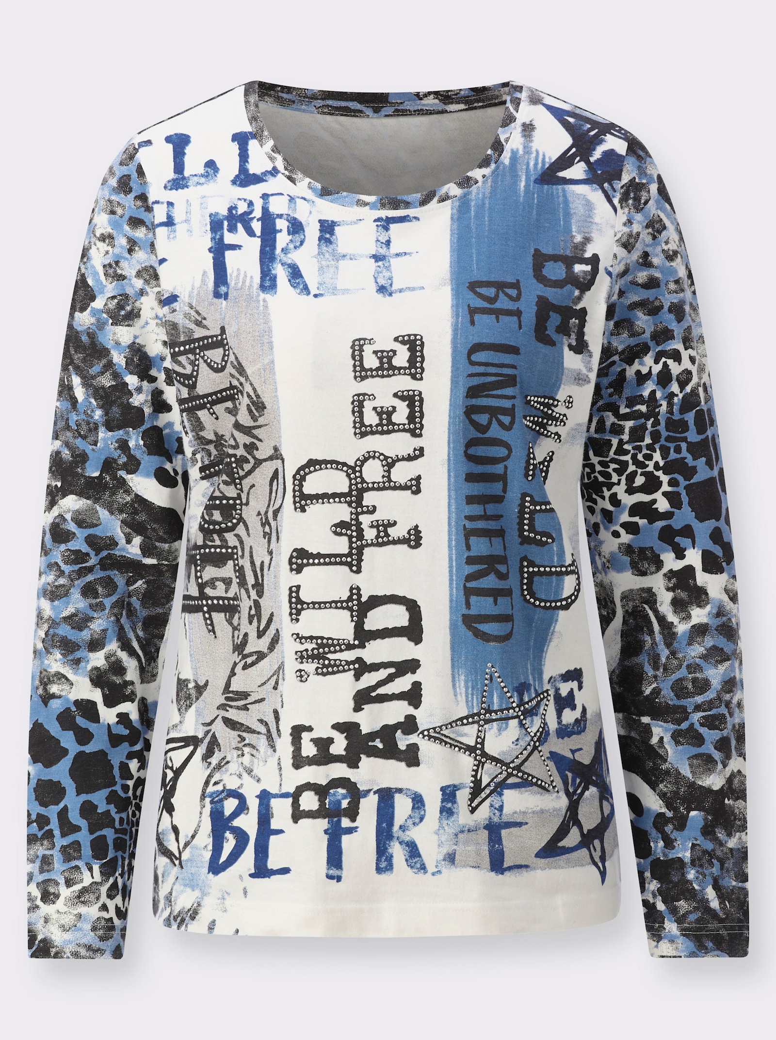Shirt met print en glittersteentjesapplicatie - ecru/middenblauw bedrukt
