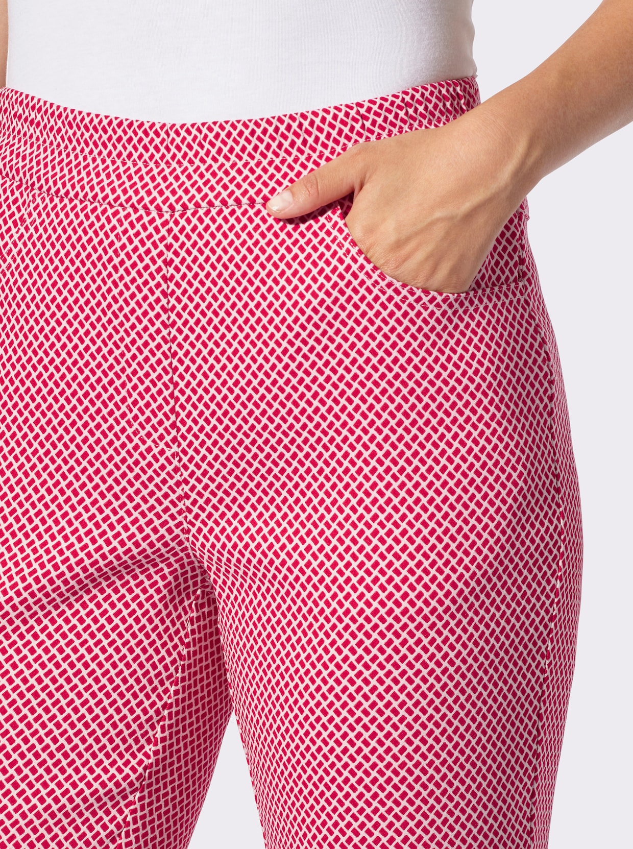 Stretch-Hose - rot-ecru-gemustert