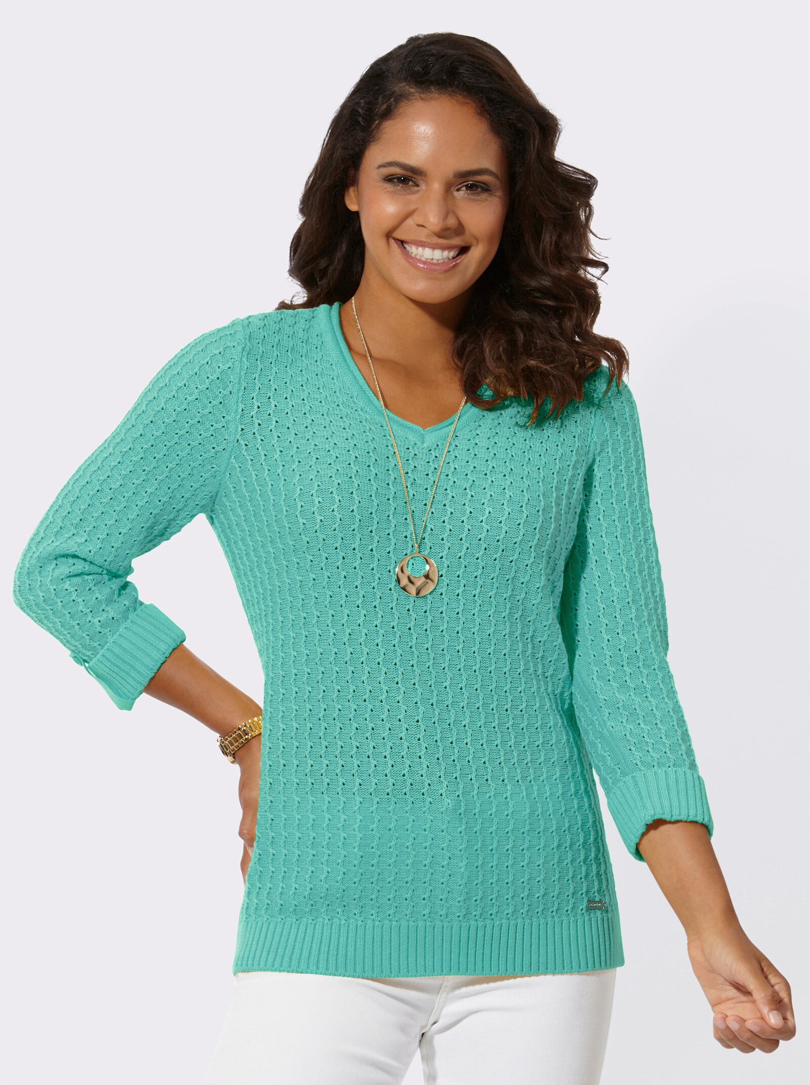 3/4 Arm-Pullover im Strickmuster-Mix - blaugrün