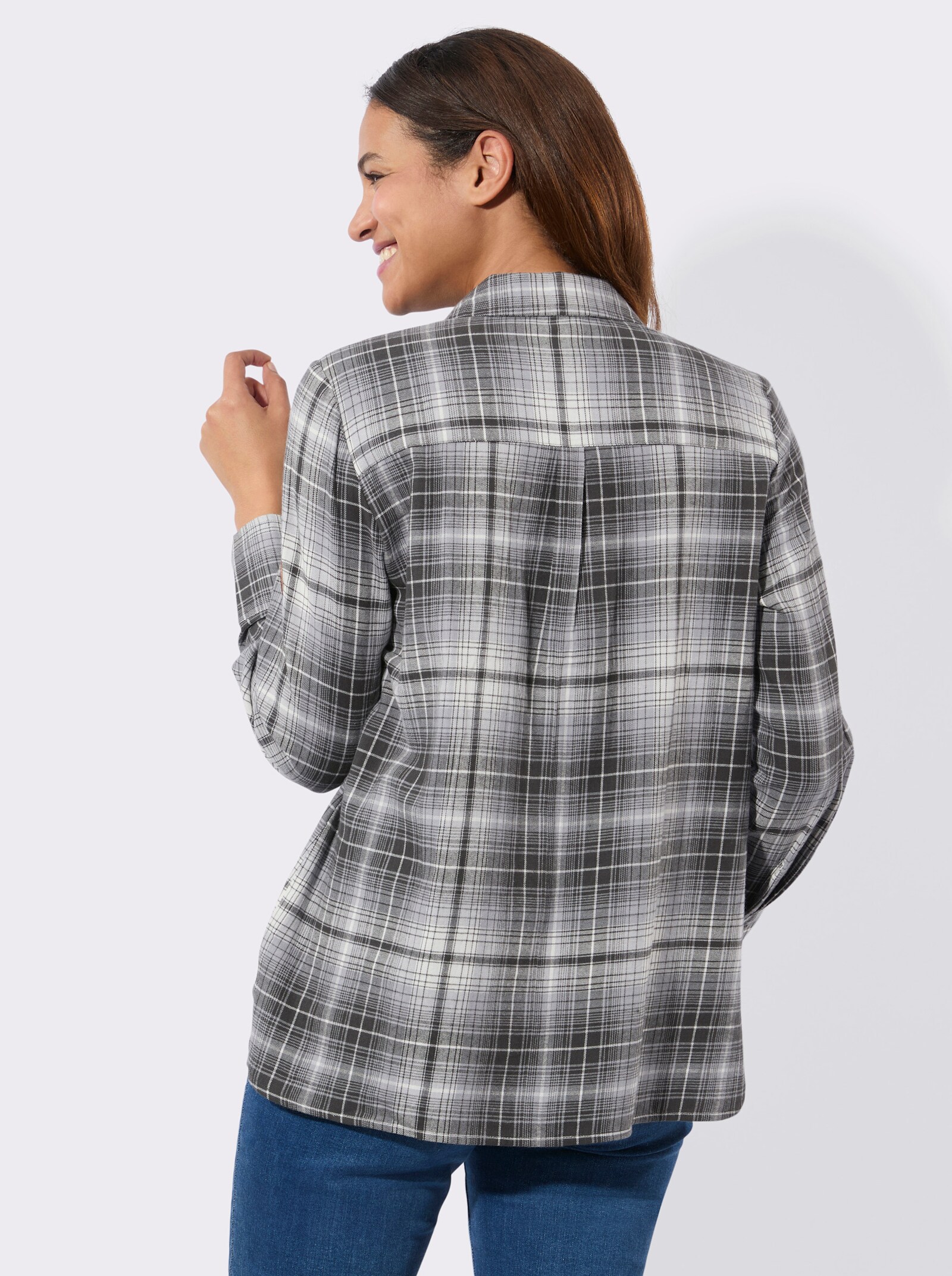 Flanellbluse mit Seitenschlitzen - graphit-steingrau-kariert