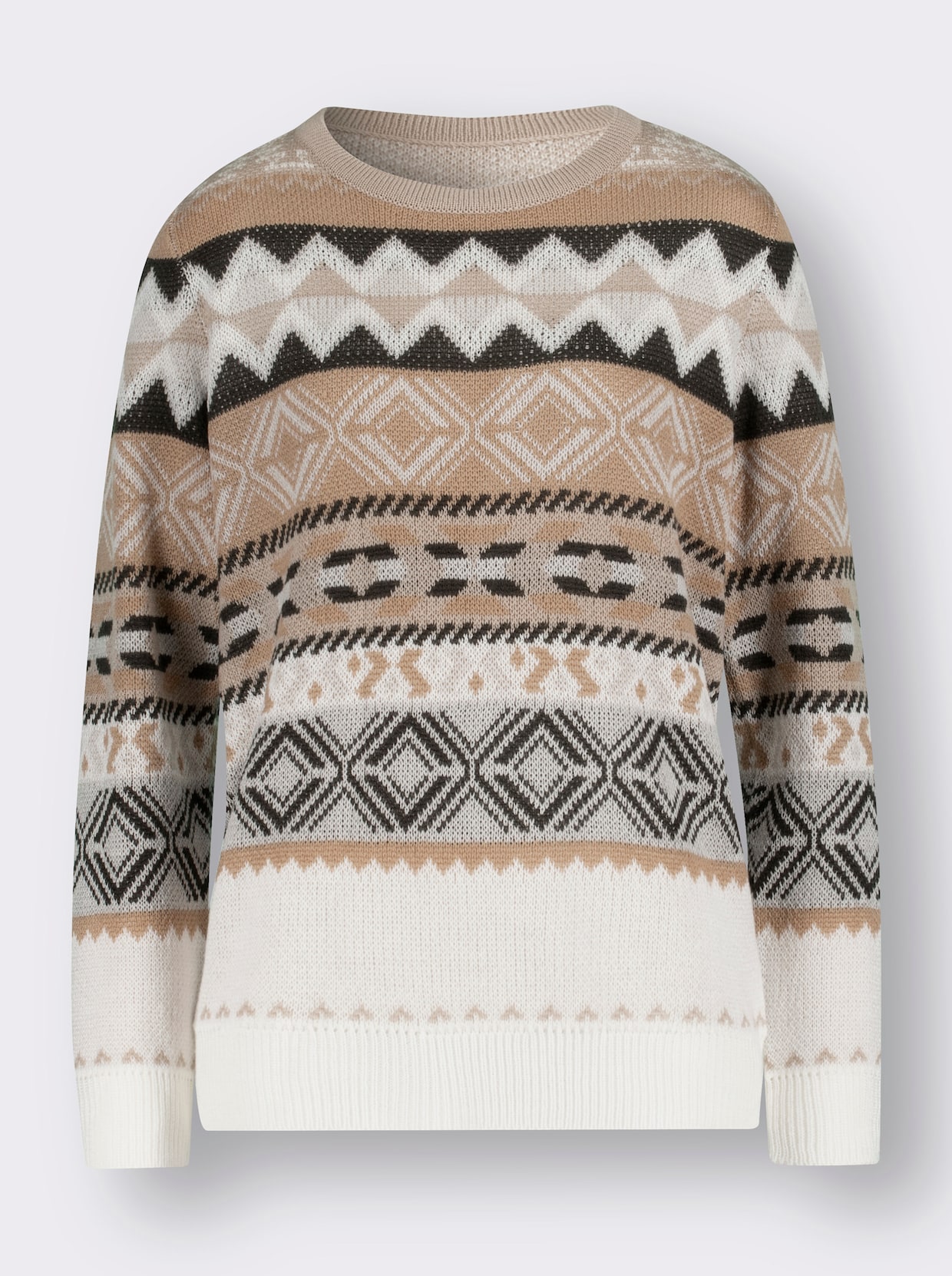 Pullover van jacquard - camel/steengrijs gedessineerd