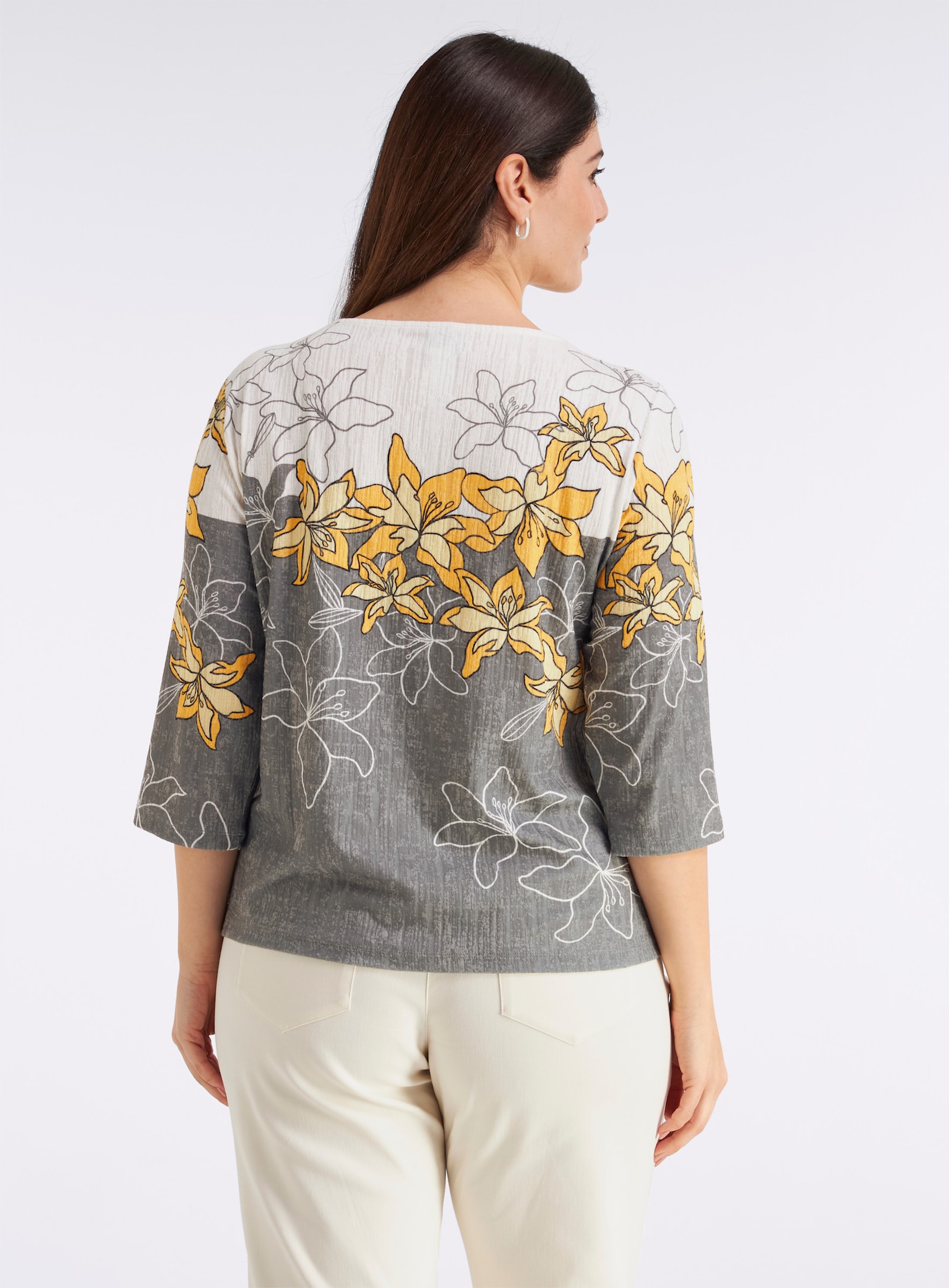 Print-Shirt mit gebogten Kanten - sonnengelb-schwarz-bedruckt