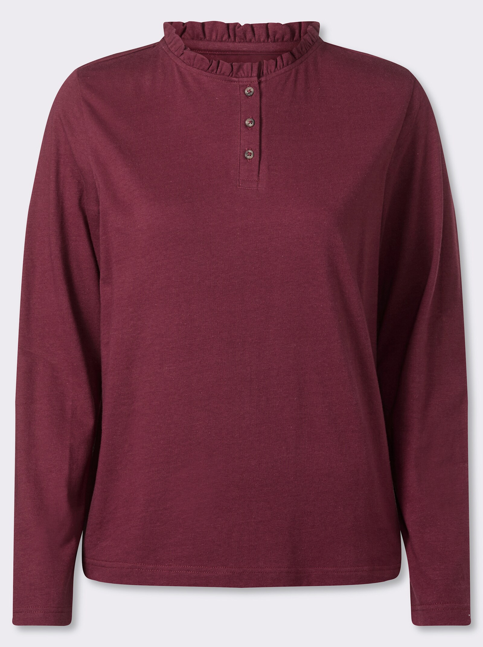 Langarmshirt mit gerüschtem Stehkragen - bordeaux