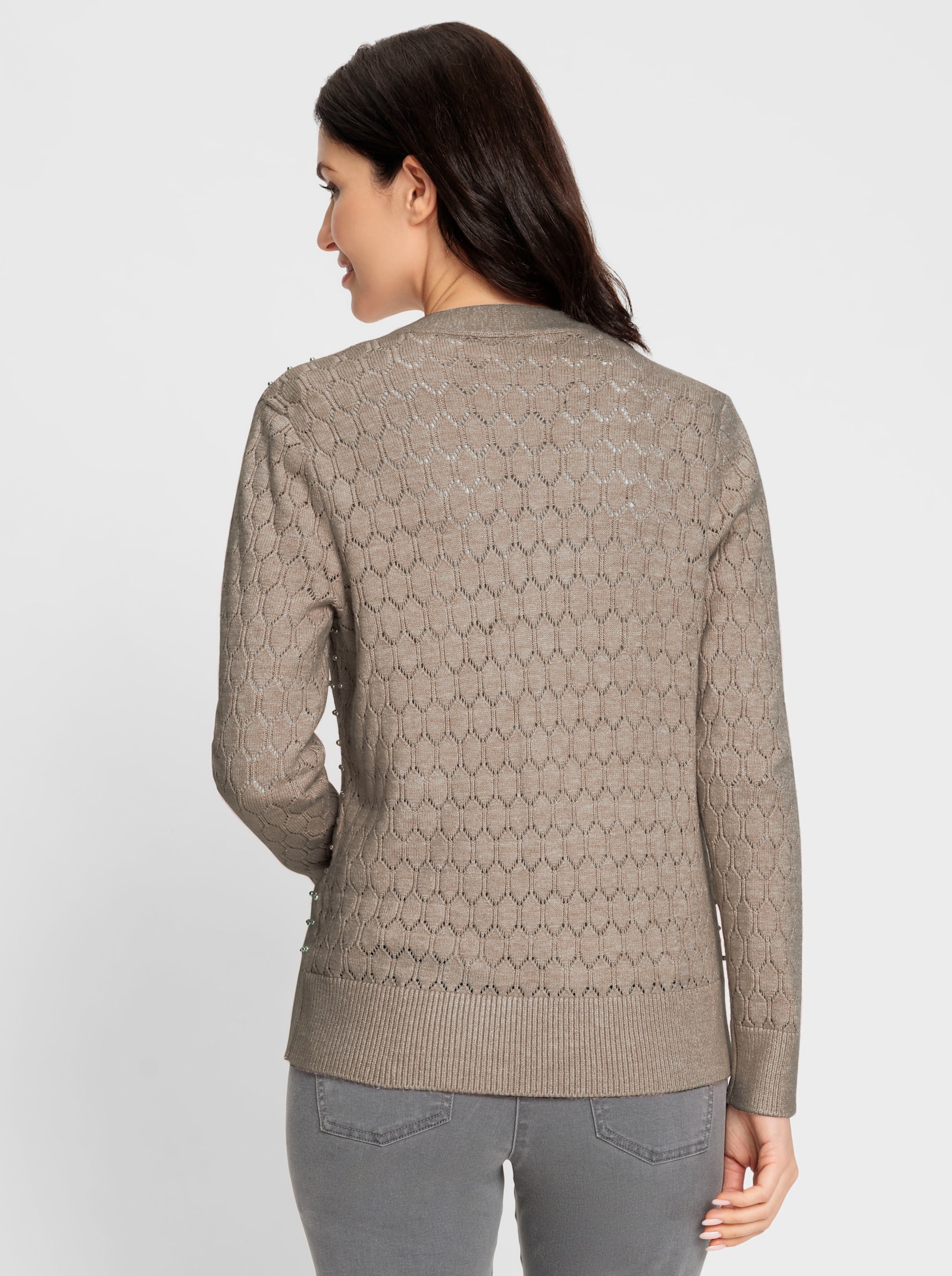 Ajourstrickjacke mit Zierperlen - sesam-meliert