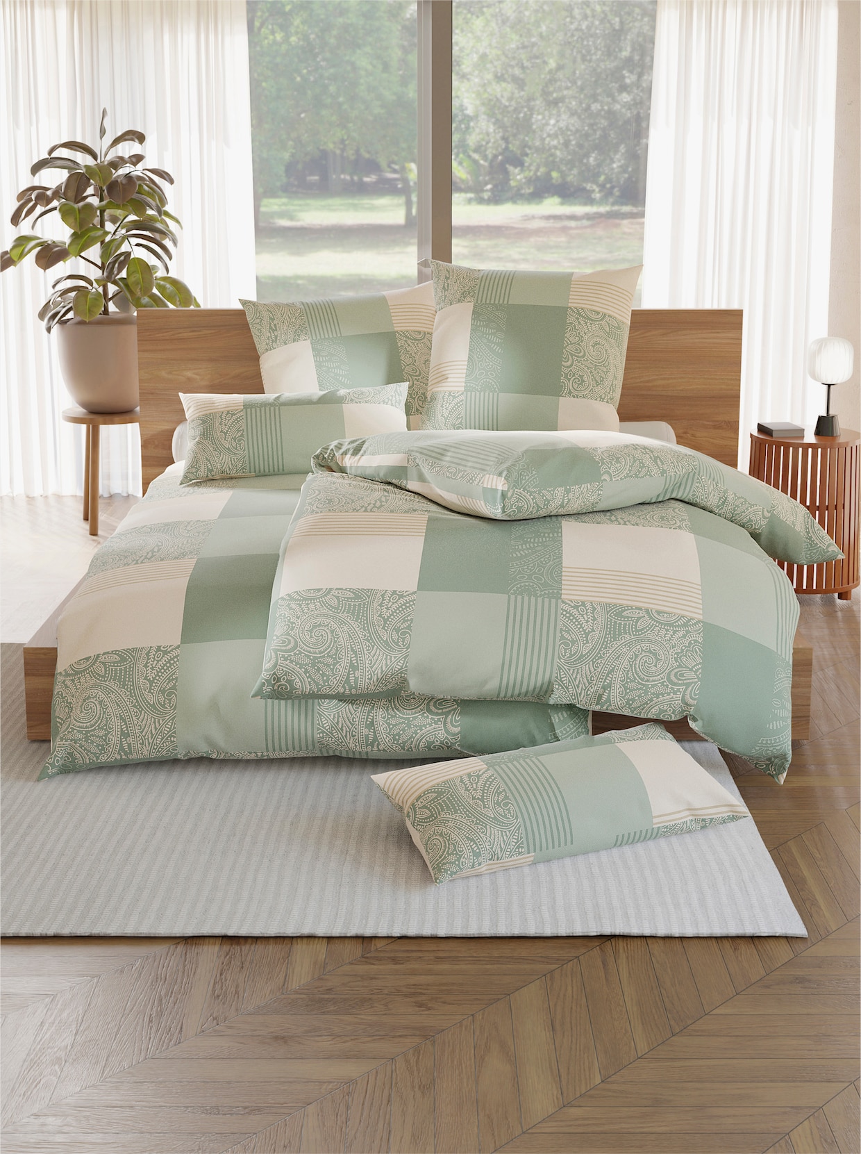 Dormisette Bettwäsche im Grafik-Dessin - salbei-champagner-bedruckt