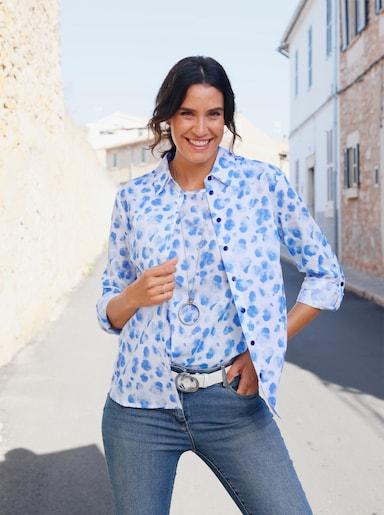 Druckbluse mit Krempelärmeln - eisblau-ecru-bedruckt