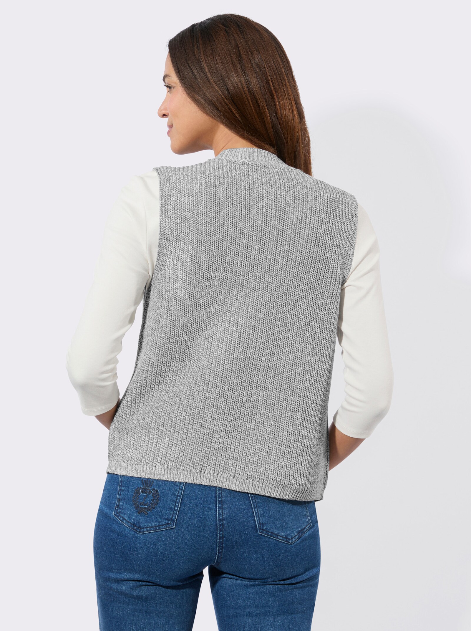 Strickweste mit Ripp-Abschlüssen - steingrau-ecru-meliert