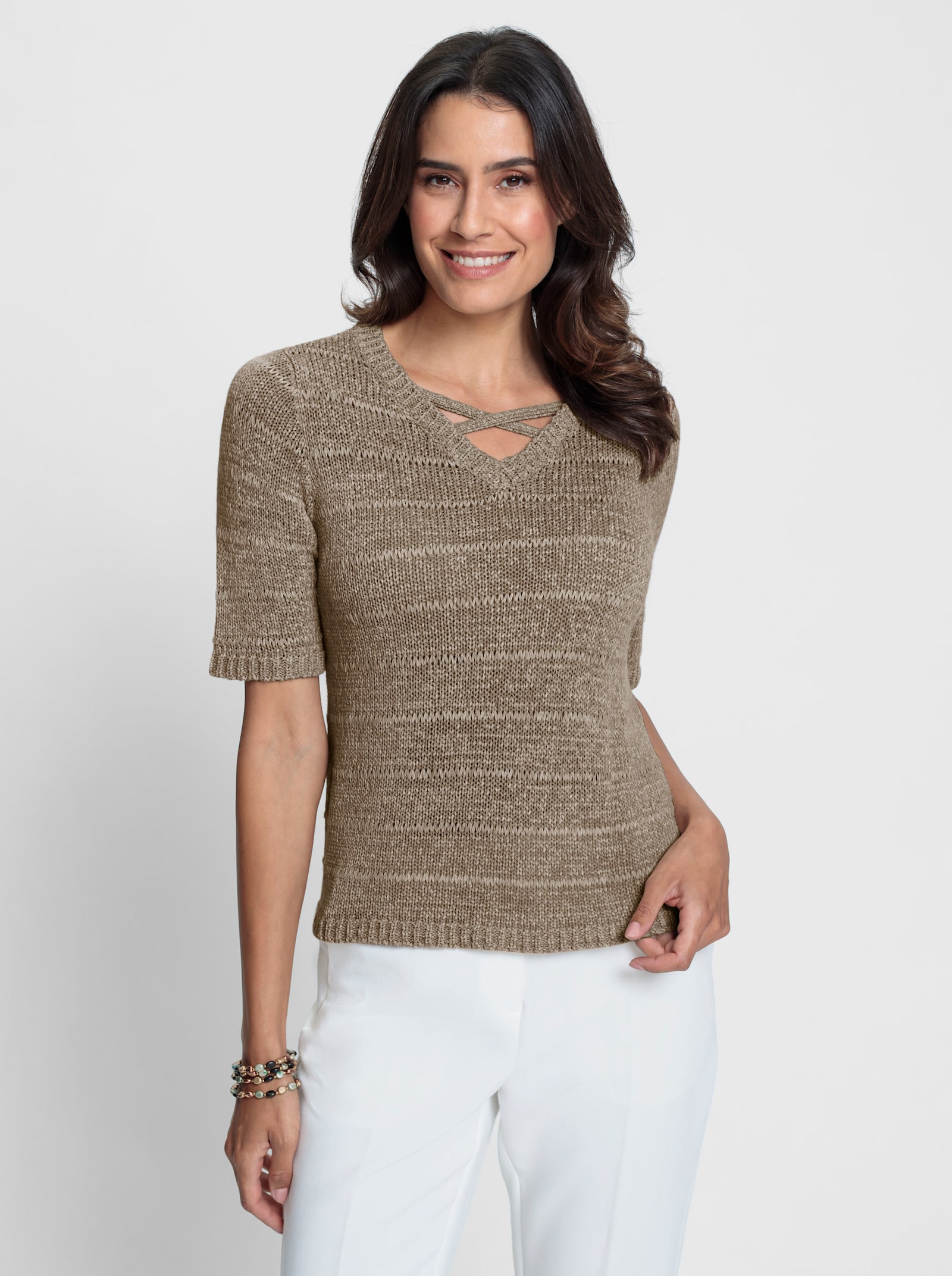 Kurzarmpullover mit Ajourmuster - sesam