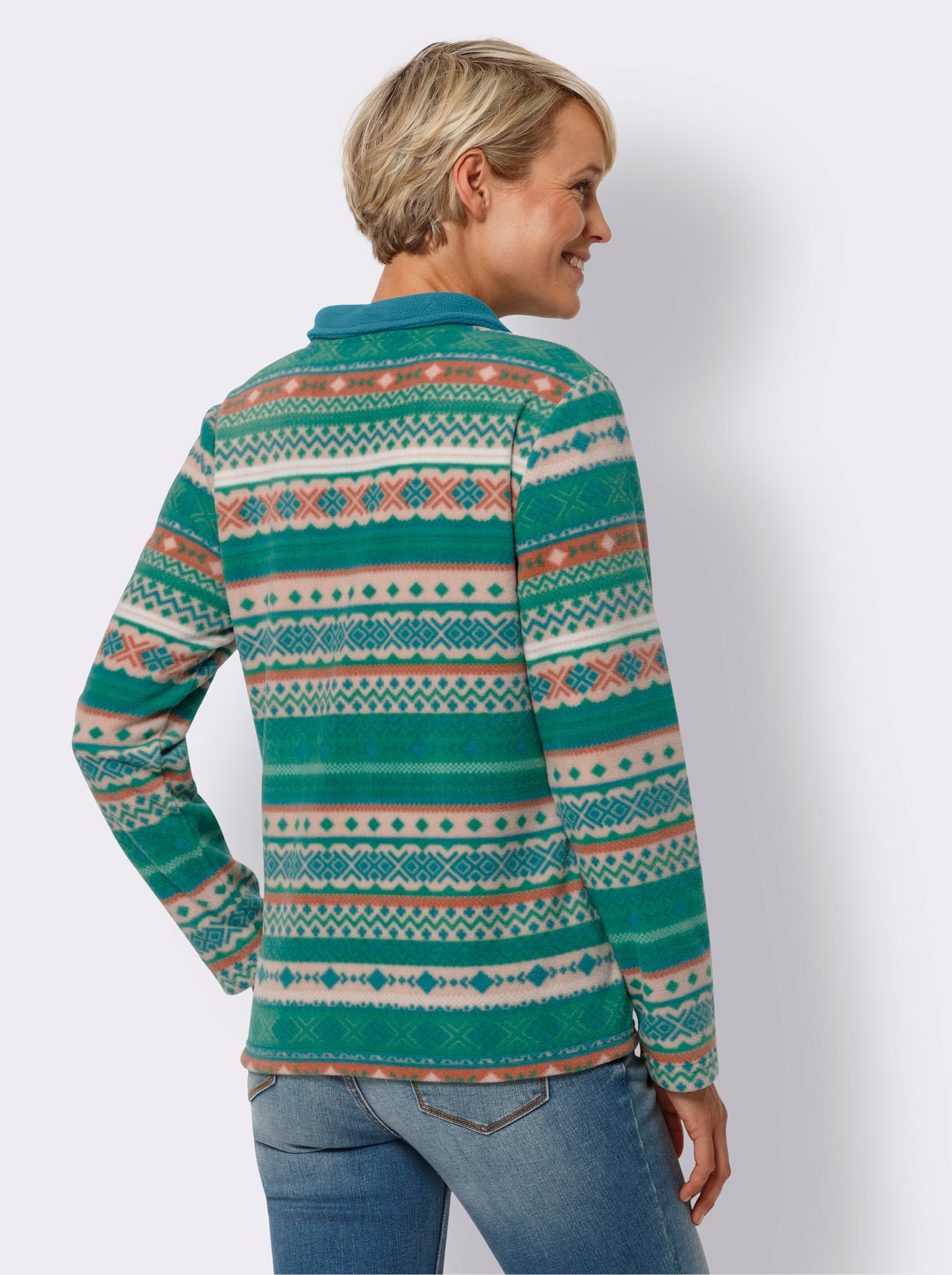 Fleecetröja i norsk stil - smaragd-sand + tryck