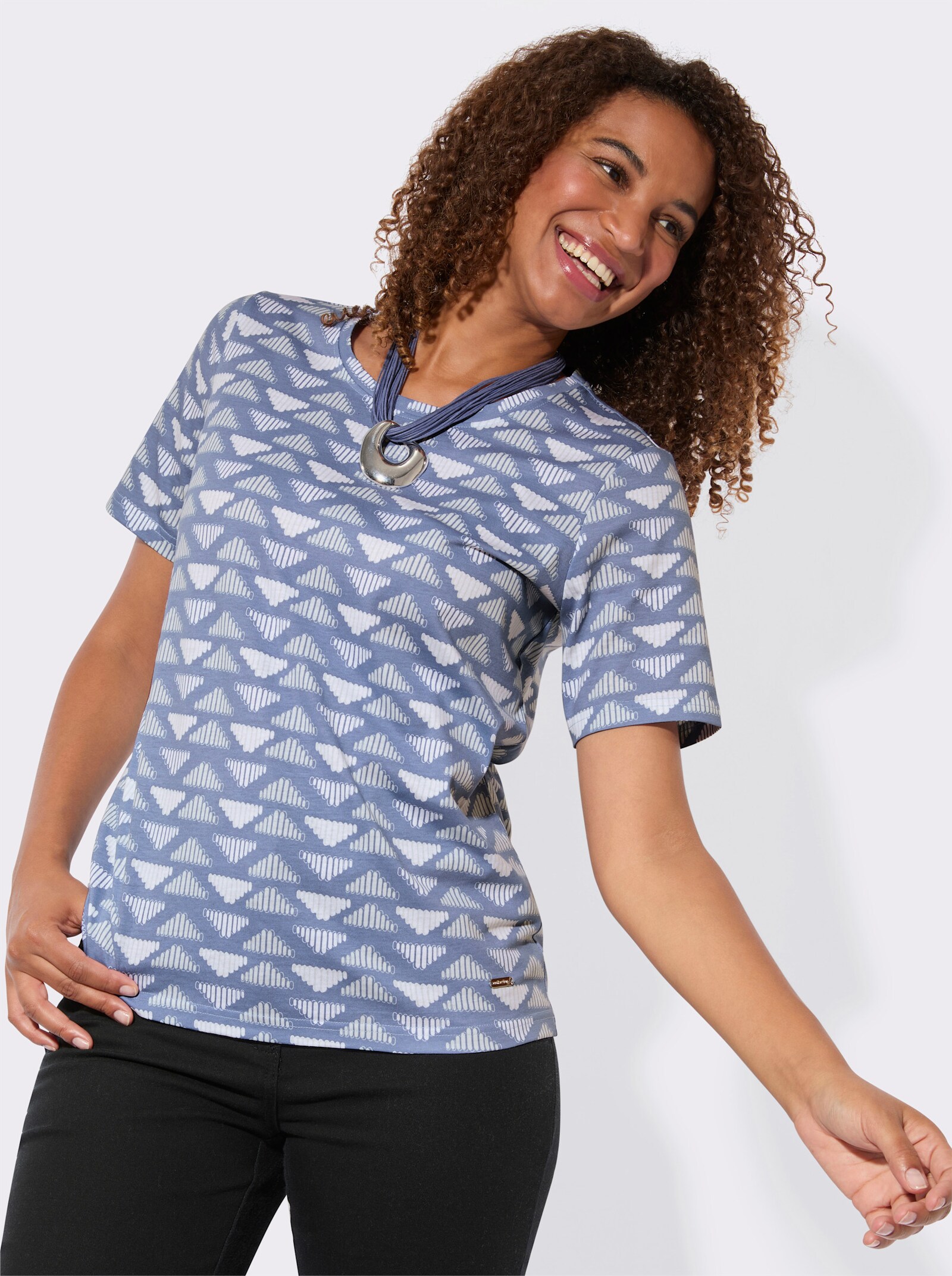 Kurzarmshirt aus reiner Baumwolle - taubenblau-zartmint-gemustert