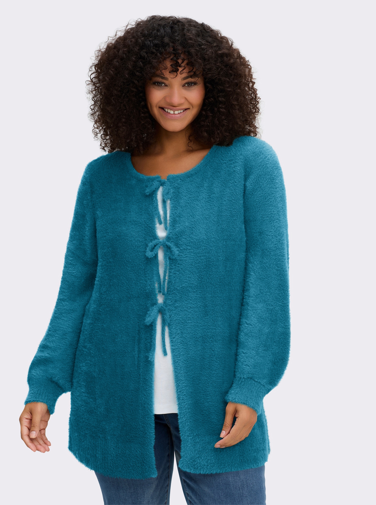 sheego Strickjacke mit Bindebändern und Ballonärmeln - topas