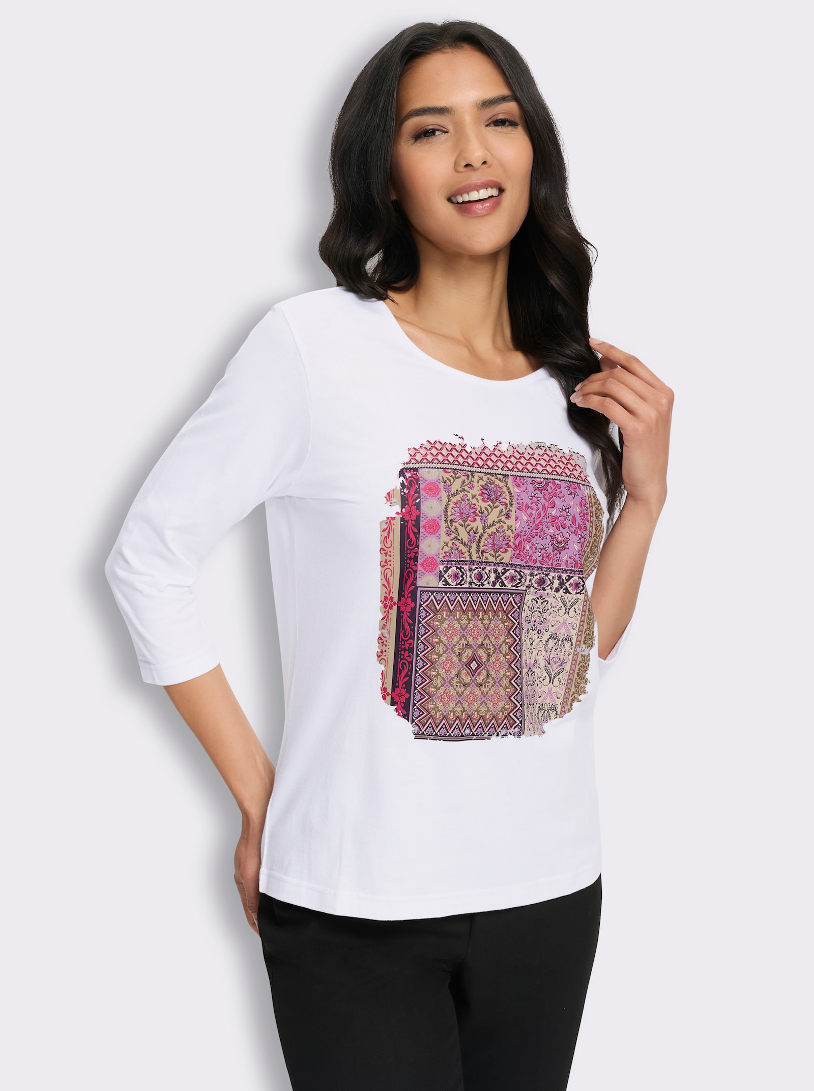3/4-Arm-Shirt mit Patchwork-Muster - weiß-traube