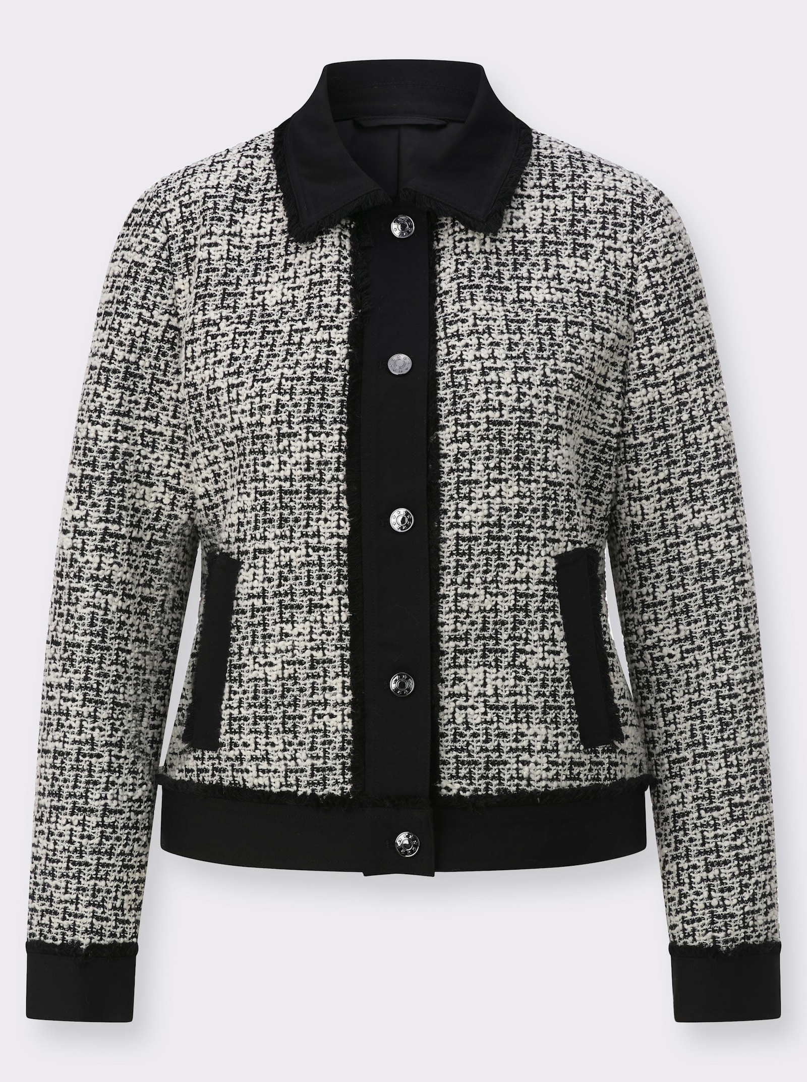 Blazer mit modischen Fransen - schwarz-ecru-gemustert