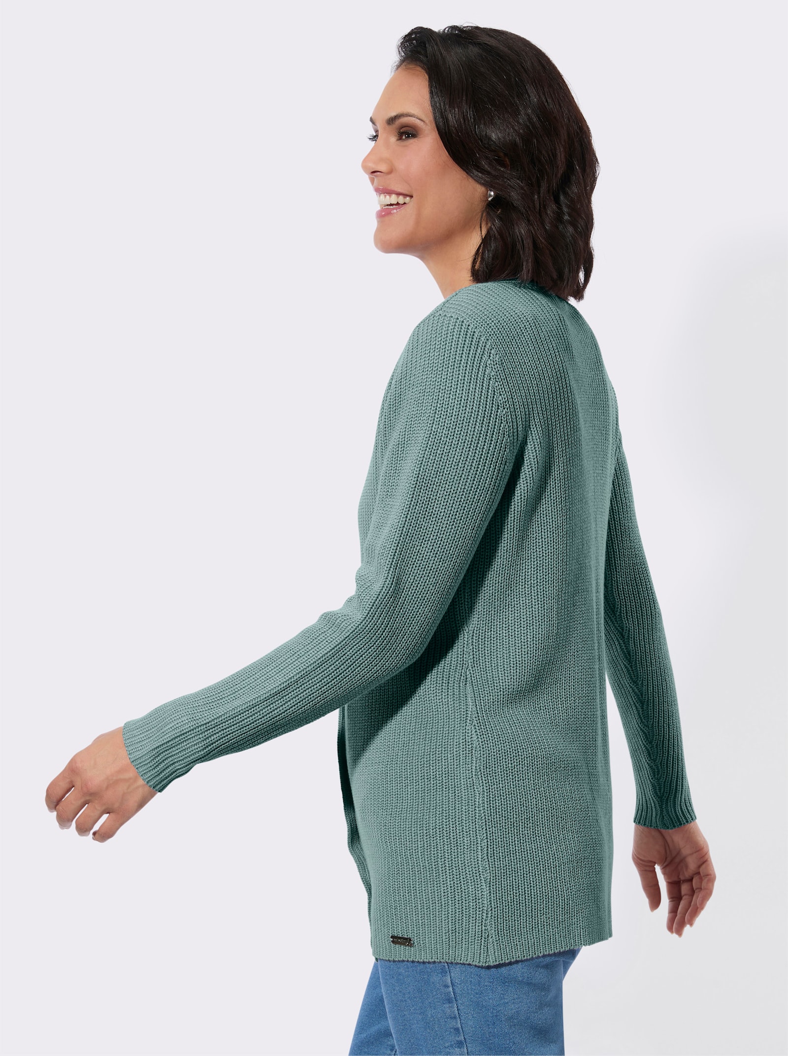 Longstrickjacke mit feiner Rippstruktur - jade