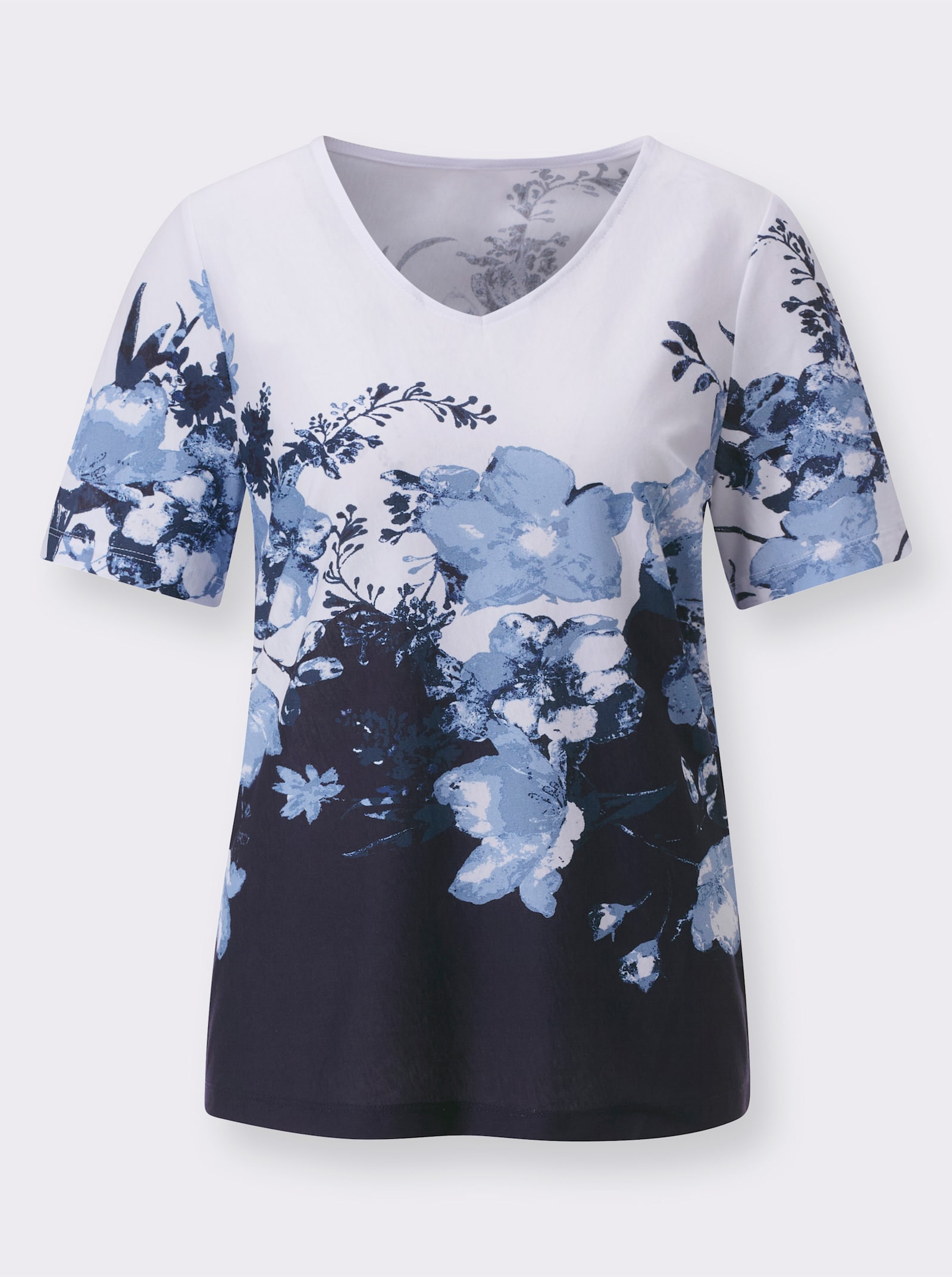 Shirt met V-hals en bloemenprint - marine/wit geprint