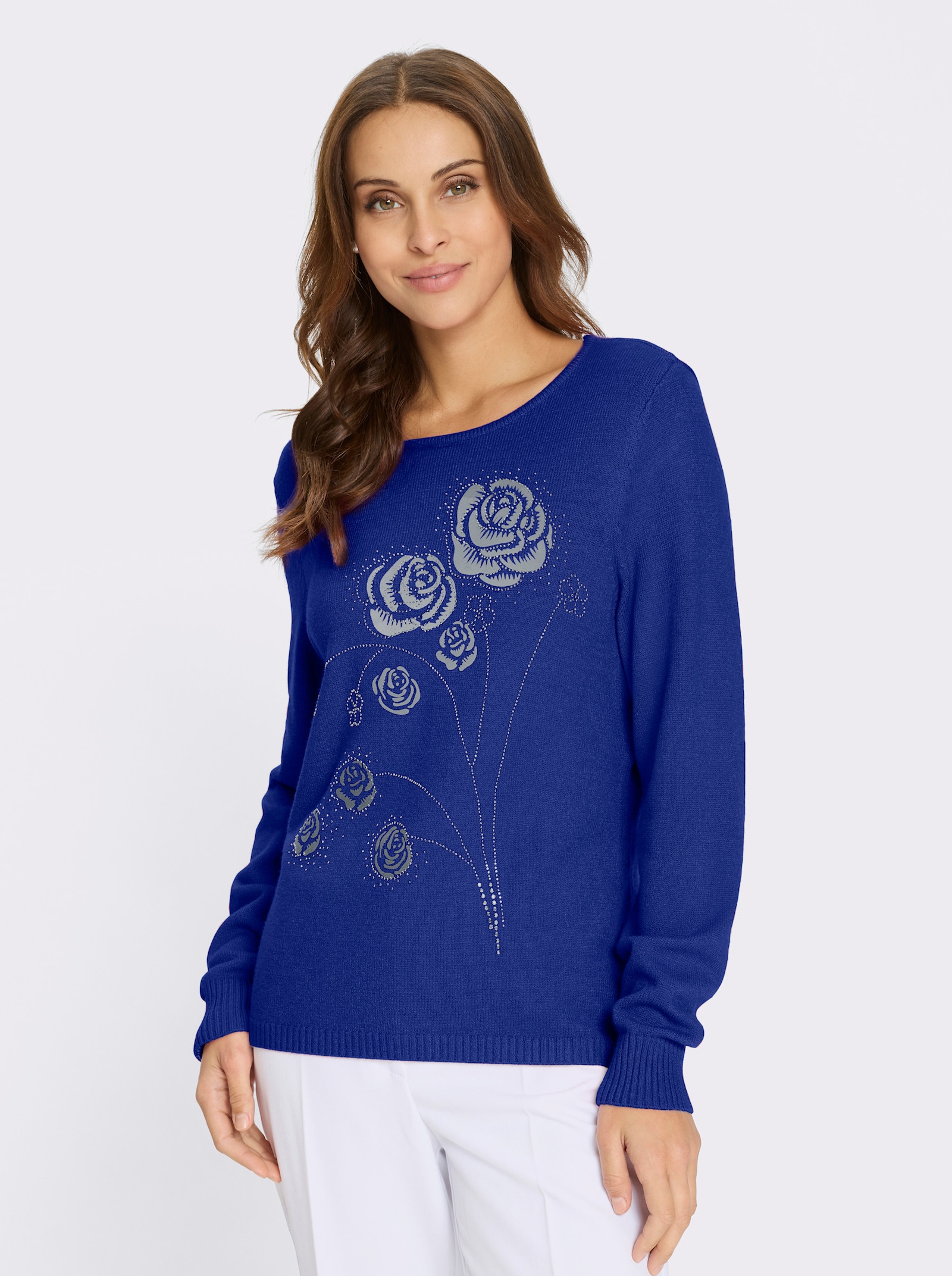 Rundhalspullover mit Flockprint - royalblau