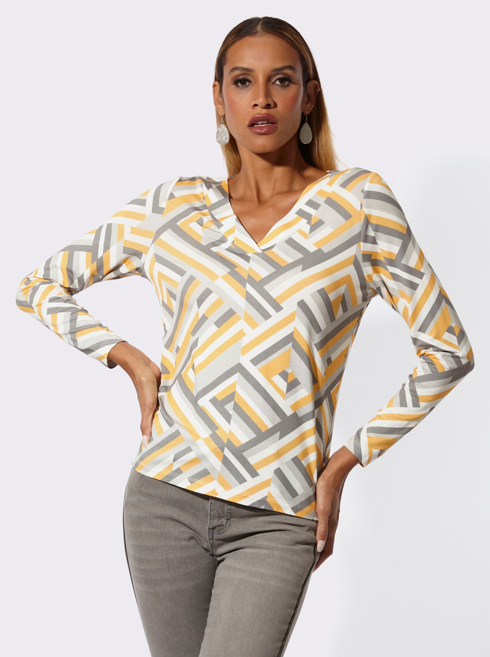 V-Shirt mit tollem Streifenmuster - ecru-grau-bedruckt