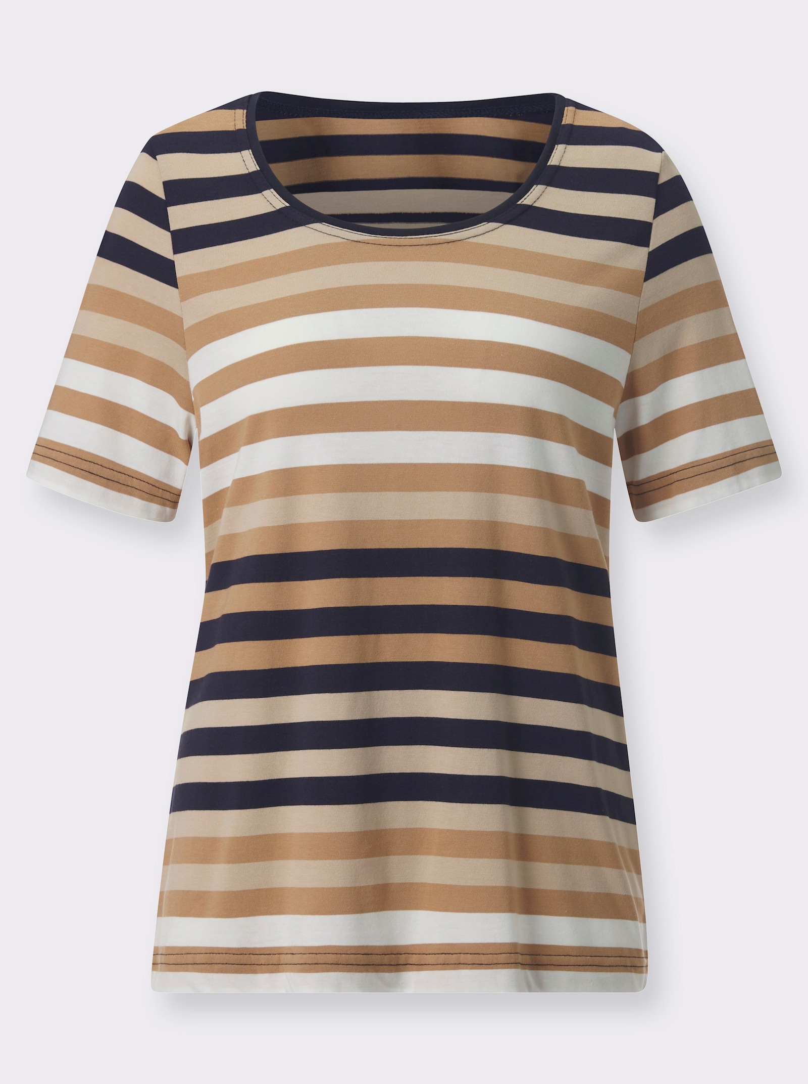 Kurzarmshirt mit garngefärbtem Muster - beige-marine-gestreift