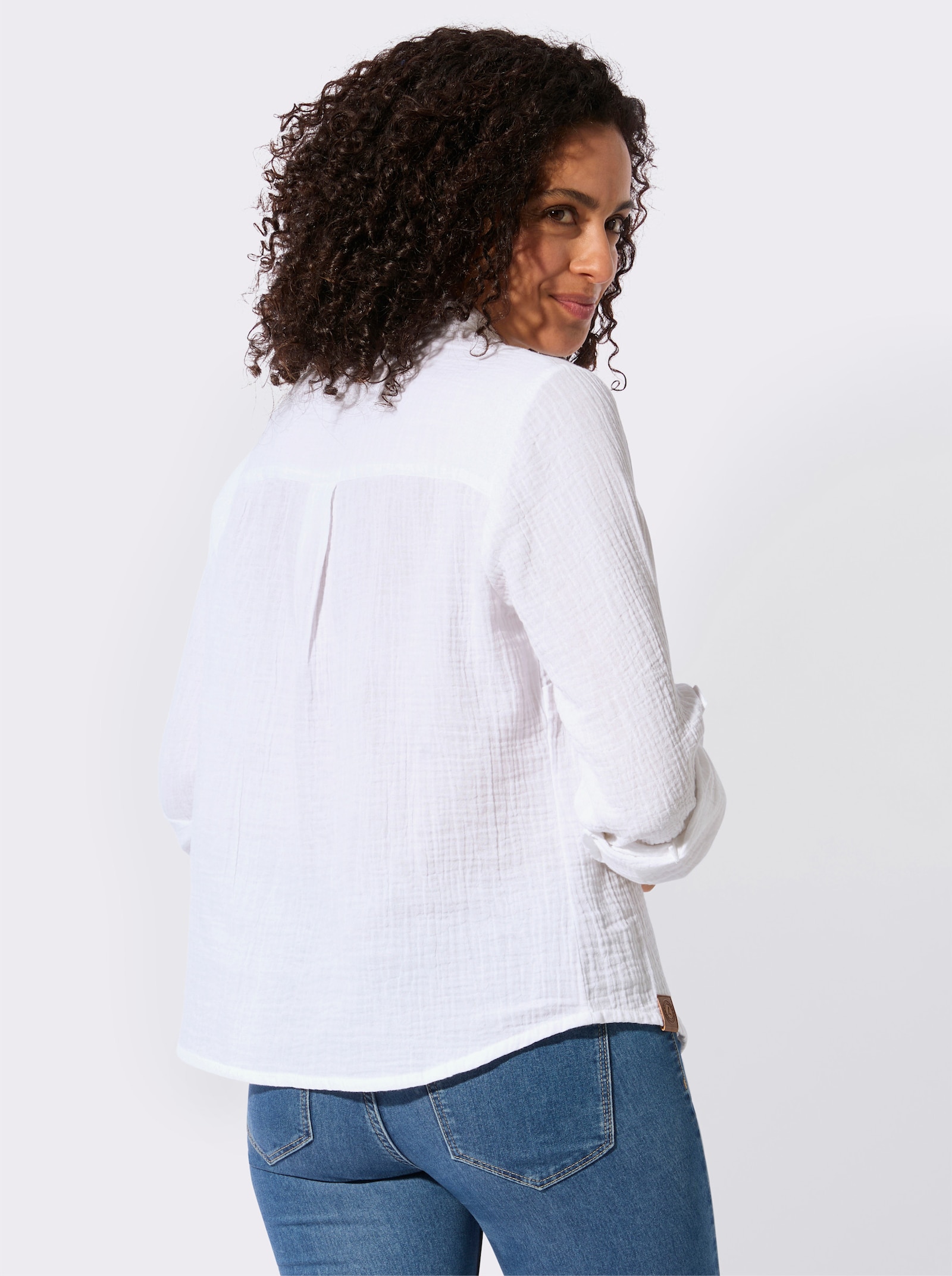 Baumwollbluse mit krempelbaren Ärmeln - weiß