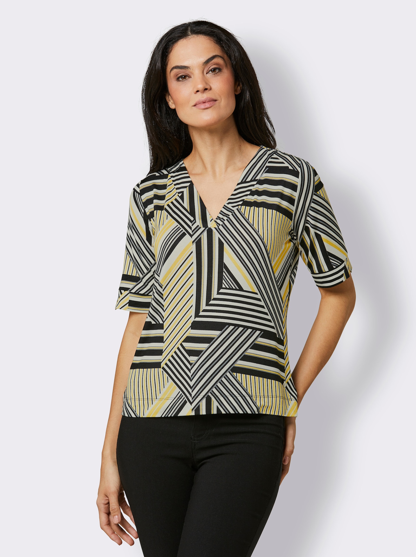 CREATION L PREMIUM Kurzarmshirt in Lyocell-Qualität, feuchtigkeitsregulierend - schwarz-weiß-bedruckt