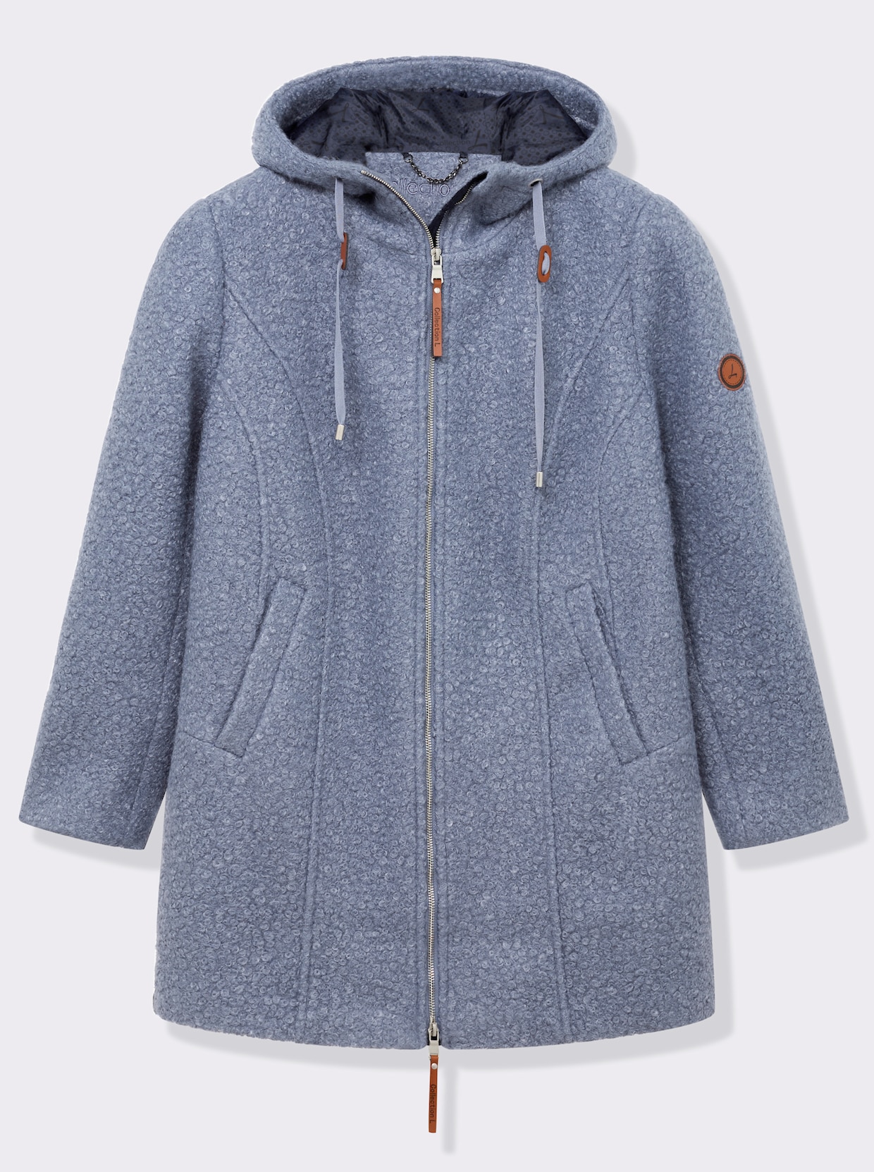 Boucléjacke mit Lederimitat-Details - taubenblau