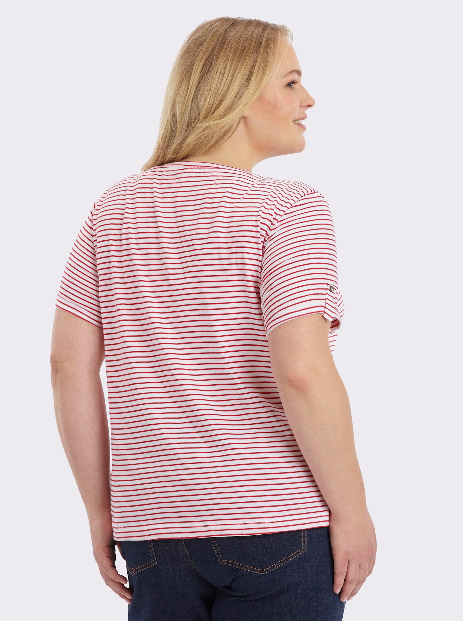 Kurzarmshirt mit fixiertem Ärmel-Aufschlag - rot-geringelt