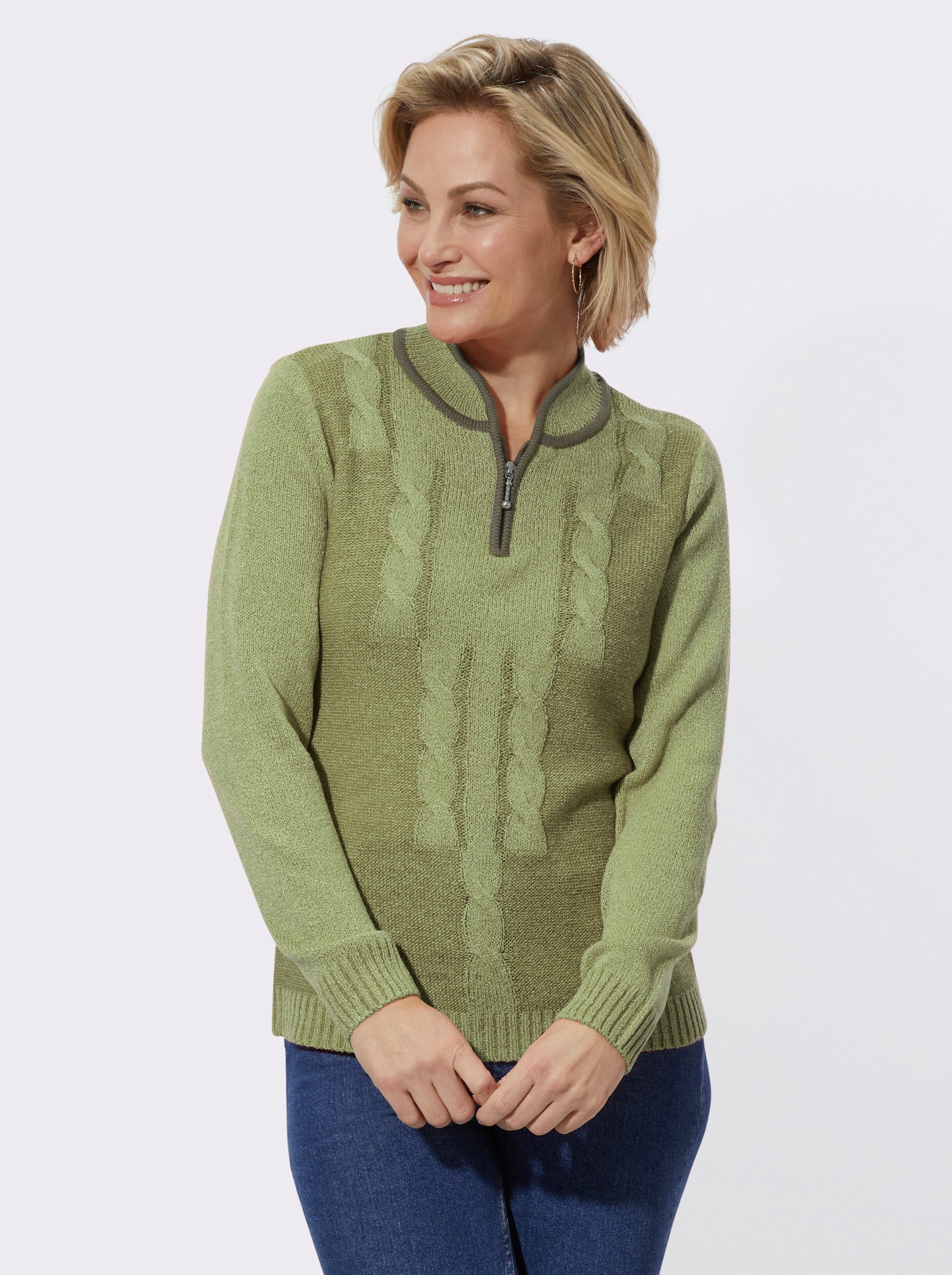 Bouclé-Pullover mit Zopfmuster - lindgrün-meliert