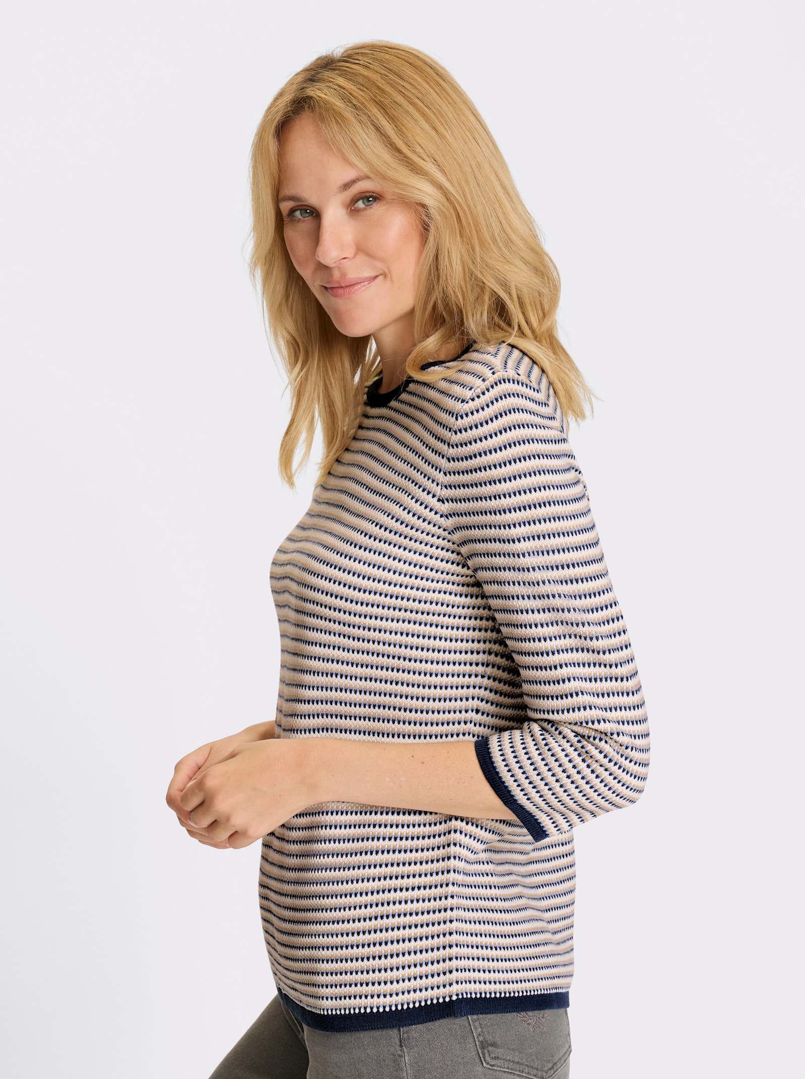 Jacquard-Pullover mit 3/4-Ärmeln - ecru-dunkelblau-gemustert