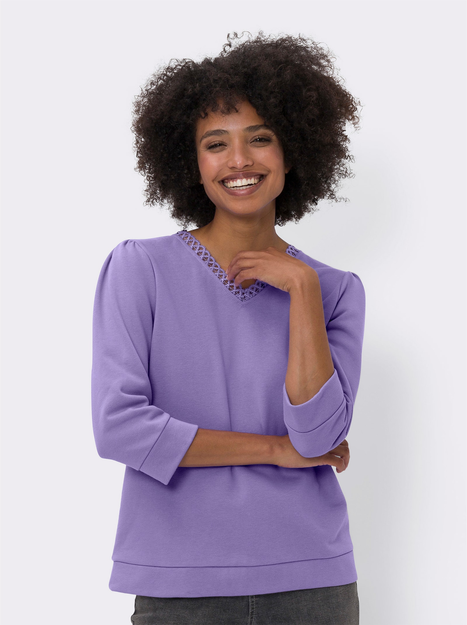 heine Sweatshirt mit Spitze am V-Ausschnitt - lavendel
