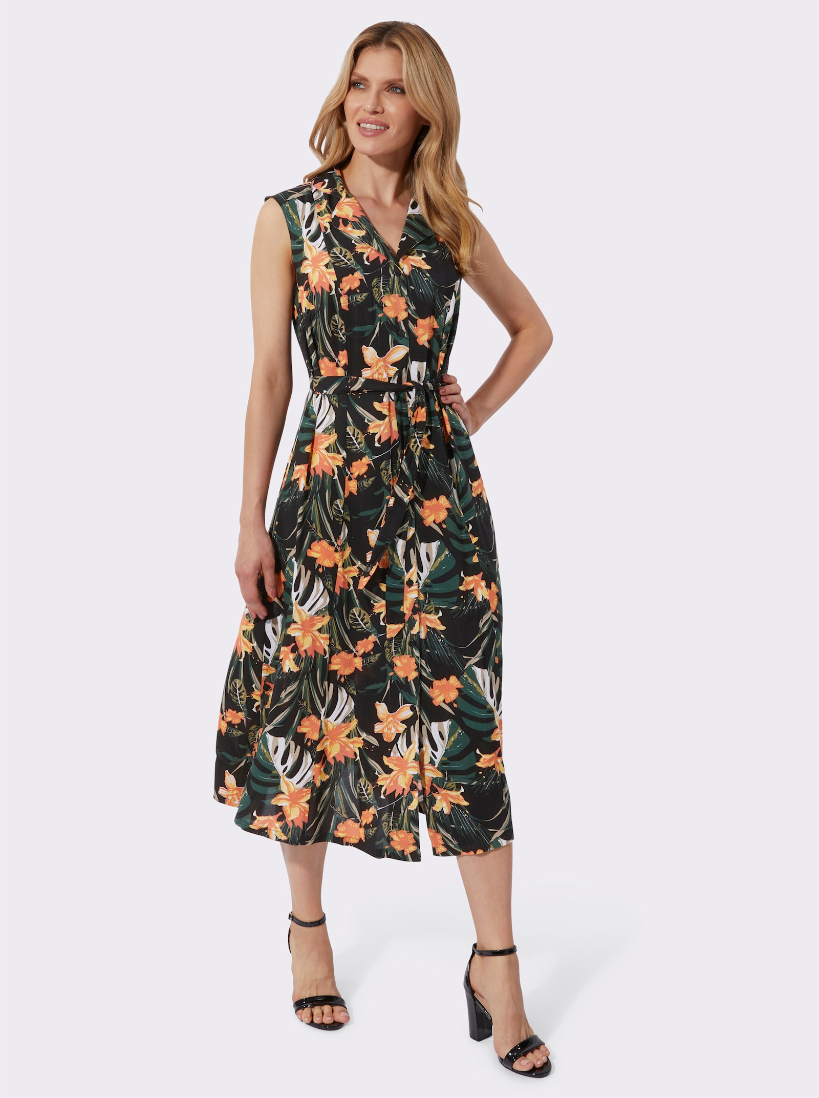 Sommerkleid mit durchgehender Knopfleiste - schwarz-gelb-bedruckt