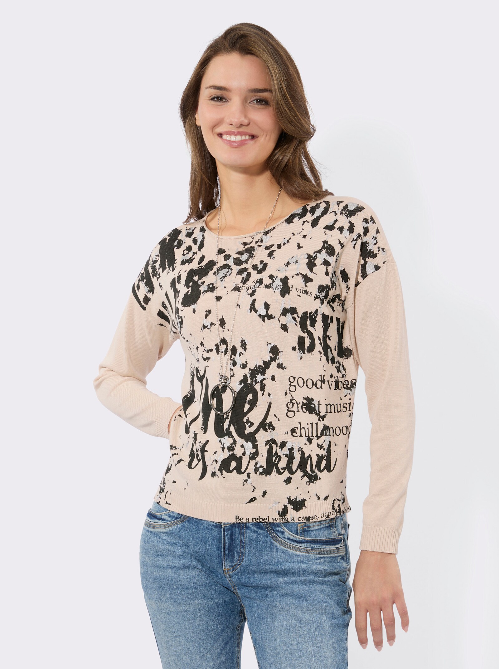Langarm-Pullover in Oversize-Form - elfenbein-schwarz-bedruckt