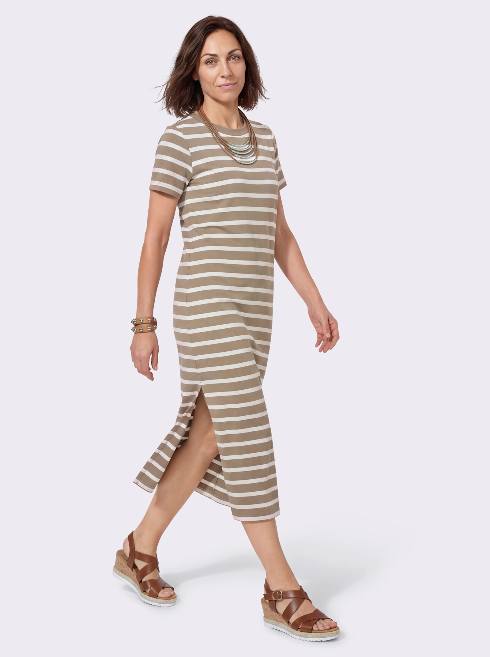 Jerseykleid mit Seitenschlitzen - sesam-ecru-geringelt