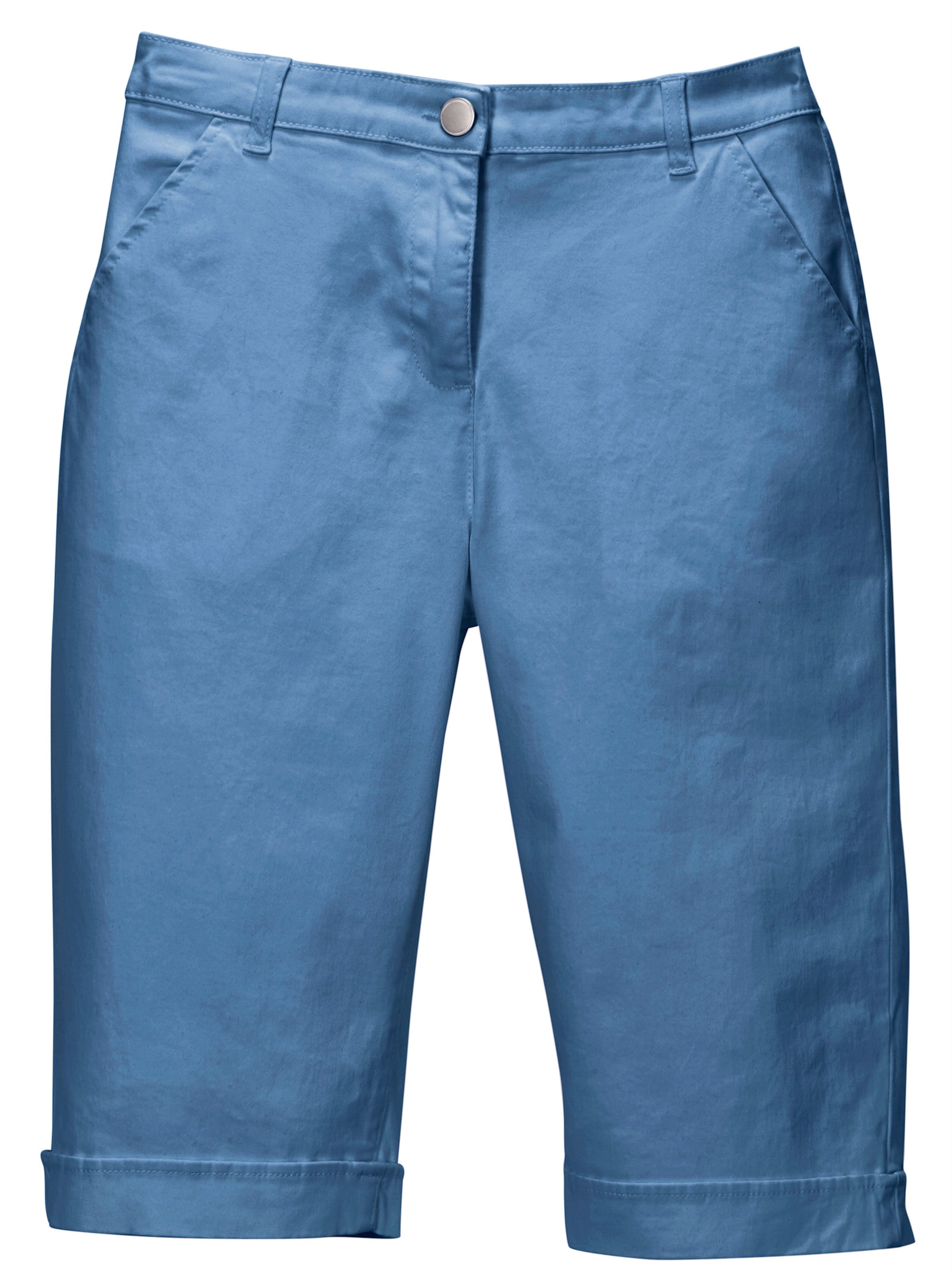 VORNE günstig Kaufen-Jeansbermudas in blau von heine. Jeansbermudas in blau von heine <![CDATA[Lässige Jeans-Bermudas in aktuellen Sommerfarben. Mit rückwärtigem Dehnbund, Gürtelschlaufen sowie Knopf und Reißverschluss. 2 Taschen vorne, 2 imitierte Gesäßtaschen. Am Sau
