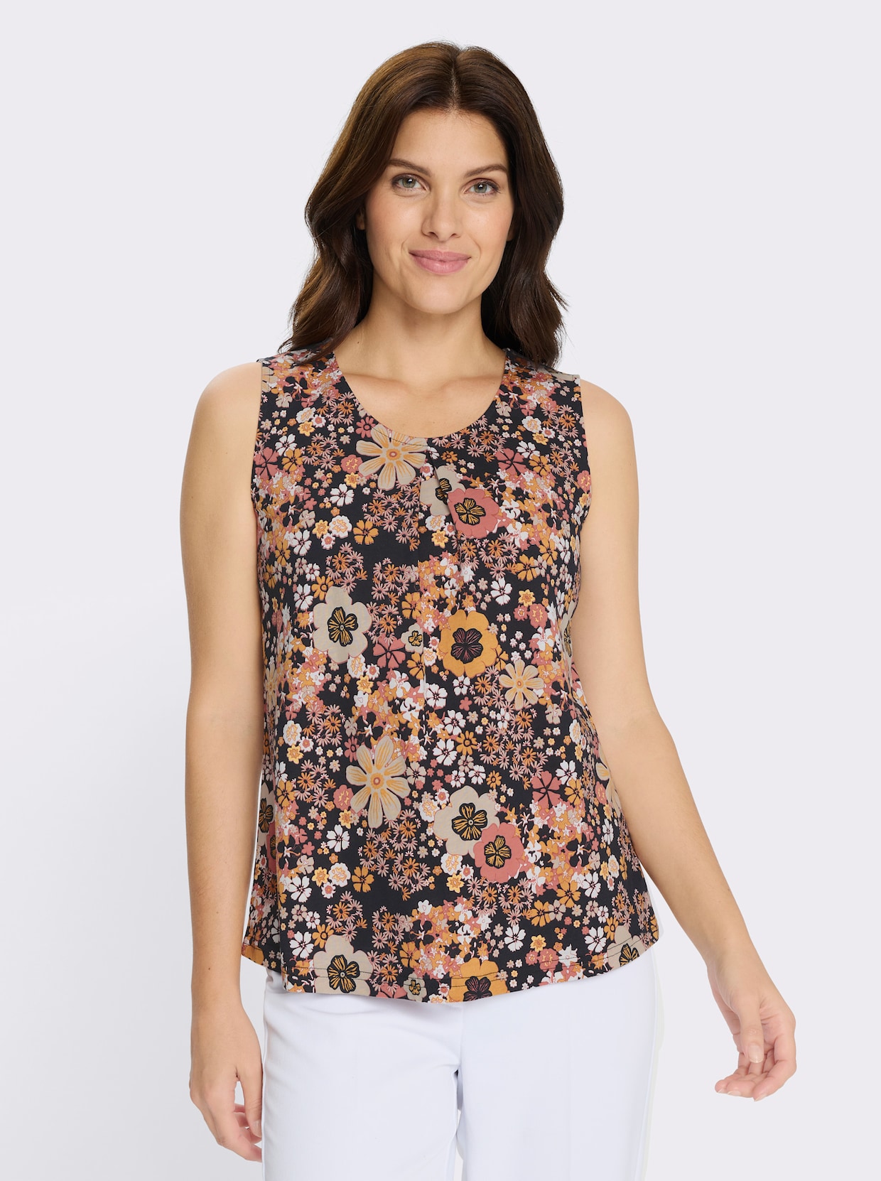 Shirttop floral gemustert - schwarz-papaya-bedruckt