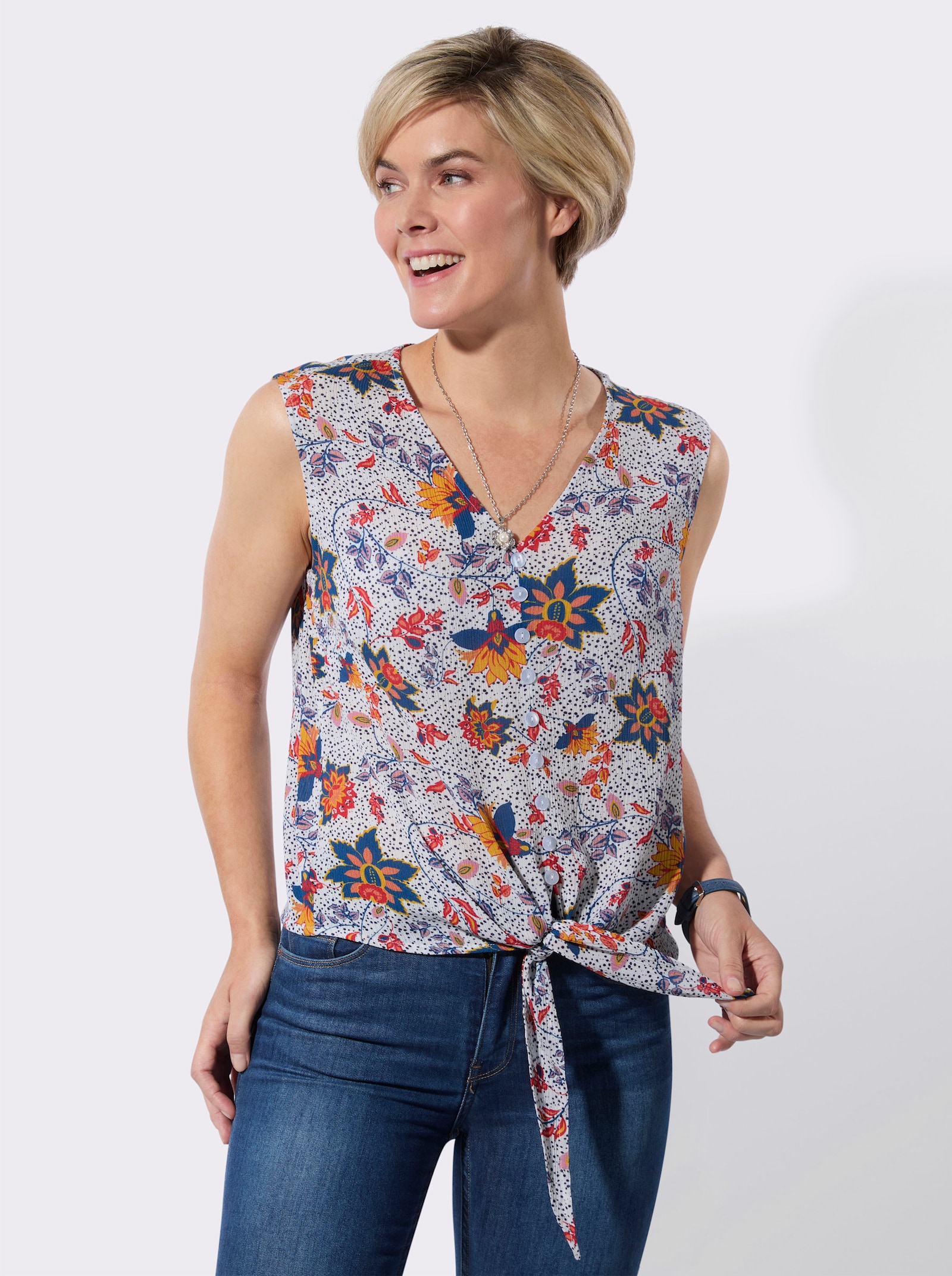 Blusentop mit imitierter Knopfleiste - weiß-erdbeere-bedruckt