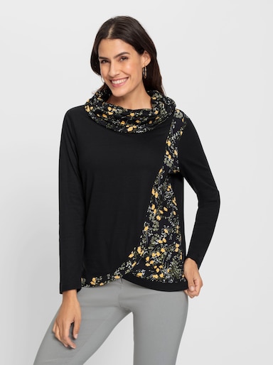 Print-Shirt in Wickeloptik mit halsfernem Rollkragen - schwarz-ocker-bedruckt