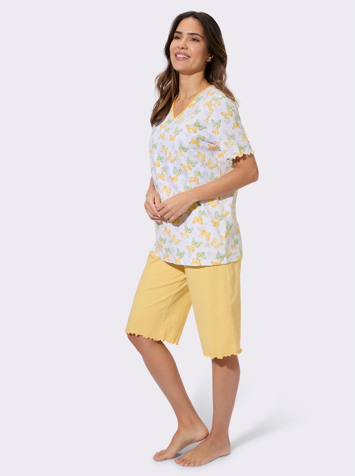 Shorty mit Wellensaum - weiß-gelb-bedruckt