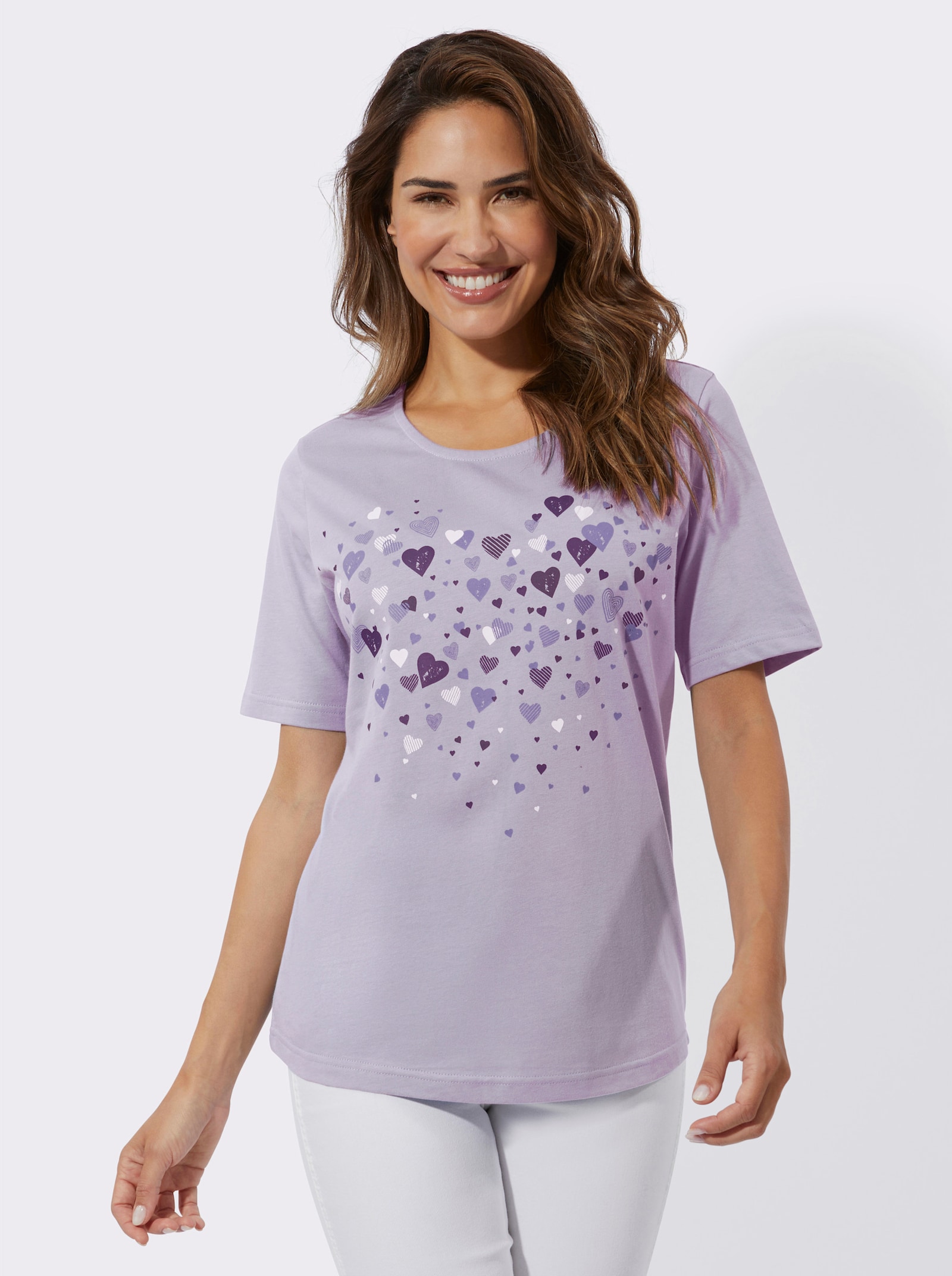 Kurzarmshirt mit Herz-Druck - flieder-weiss