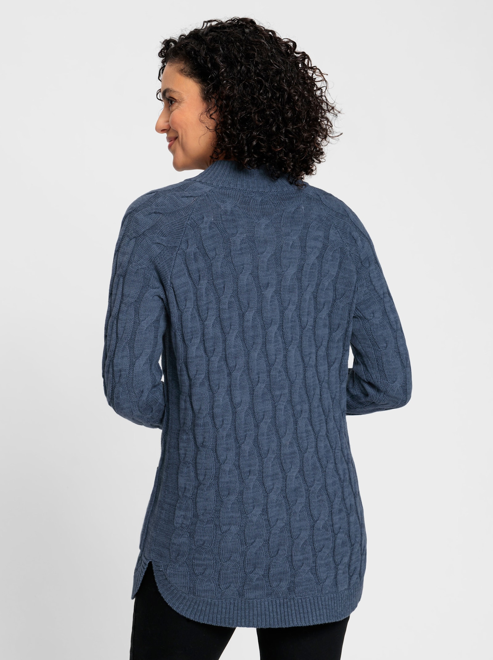 Longstrickjacke mit Zopf-Strickmuster - rauchblau